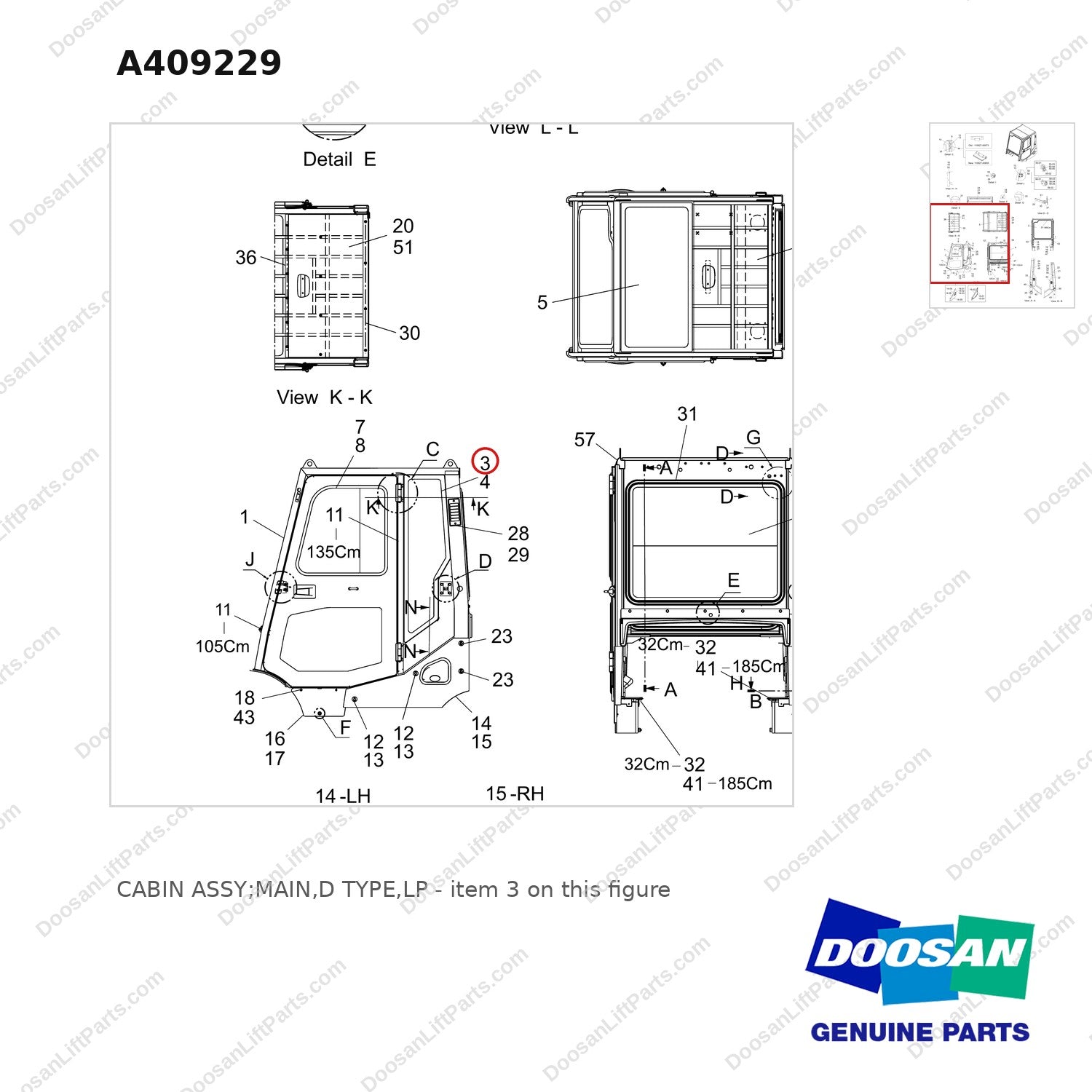 A409229 CABIN ASSY;MAIN,D TYPE,LP - parts diagram, item 3 shown - genuine Doosan / Bobcat forklift part