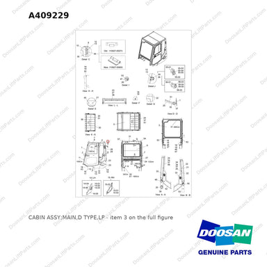 A409229 CABIN ASSY;MAIN,D TYPE,LP - full parts diagram, item 3 marked - genuine Doosan / Bobcat forklift part
