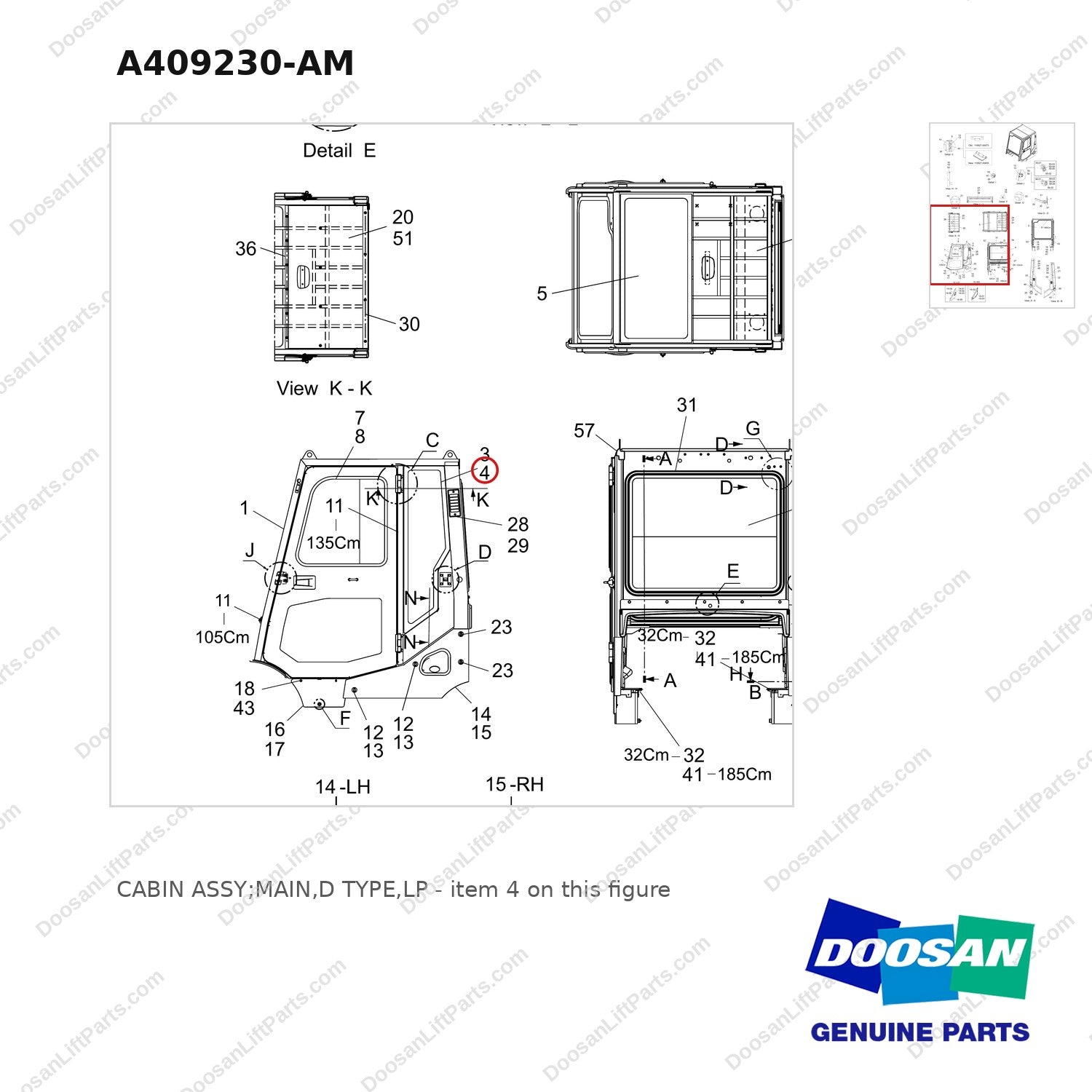 A409230-AM CABIN ASSY;MAIN,D TYPE,LP - parts diagram, item 4 shown - genuine Doosan / Bobcat forklift part