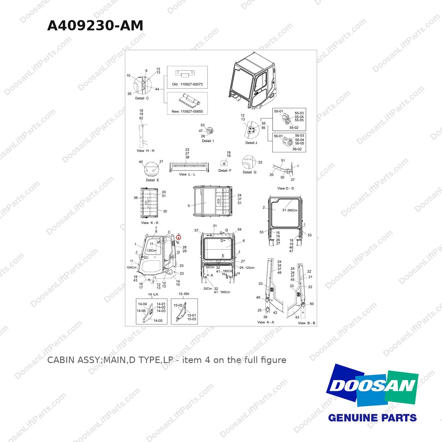 A409230-AM CABIN ASSY;MAIN,D TYPE,LP - full parts diagram, item 4 marked - genuine Doosan / Bobcat forklift part