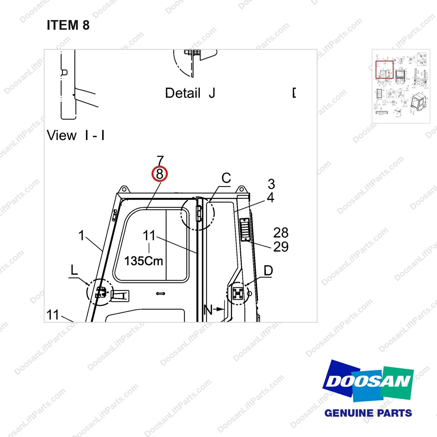 A409233 Cabin Ass'y - Main-D Type - parts diagram, item 8 shown - genuine Doosan / Bobcat forklift part