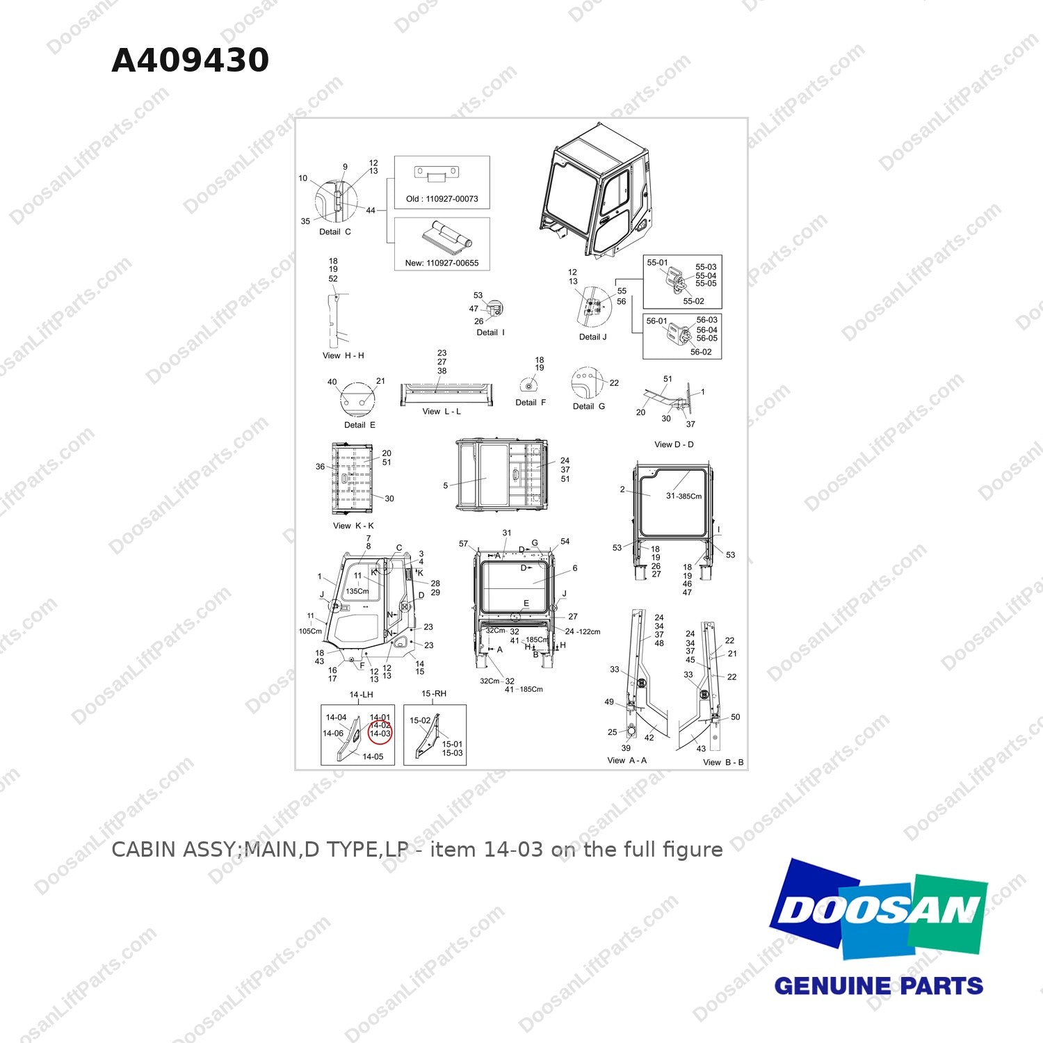 A409430 CABIN ASSY;MAIN,D TYPE,LP - full parts diagram, item 14-03 marked - genuine Doosan / Bobcat forklift part