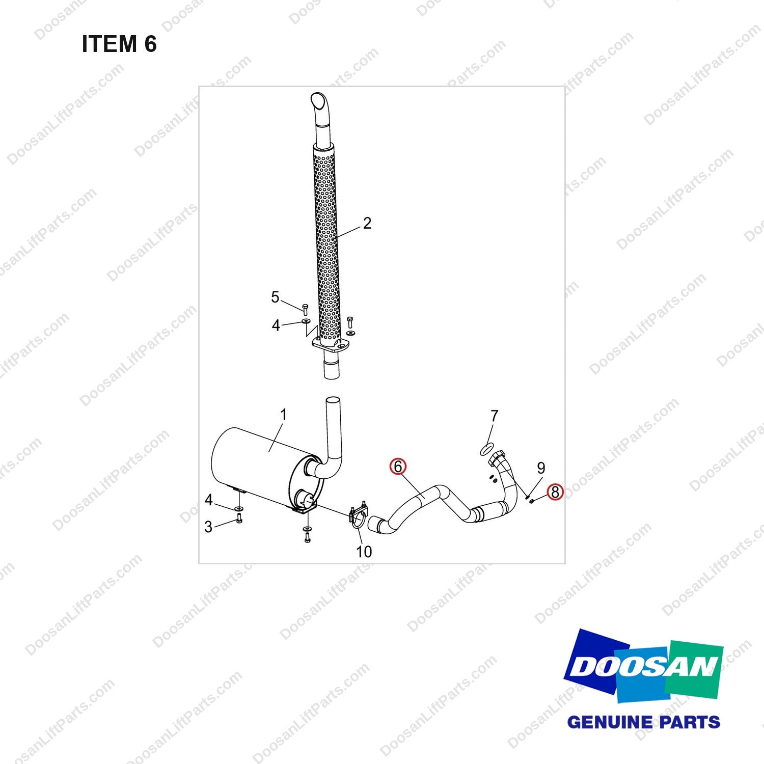 A409484 ARRANGEMENT,CHANGEOVER;CTALYTIC MUFFLER, - full parts diagram, item 6 marked - genuine Doosan / Bobcat forklift part