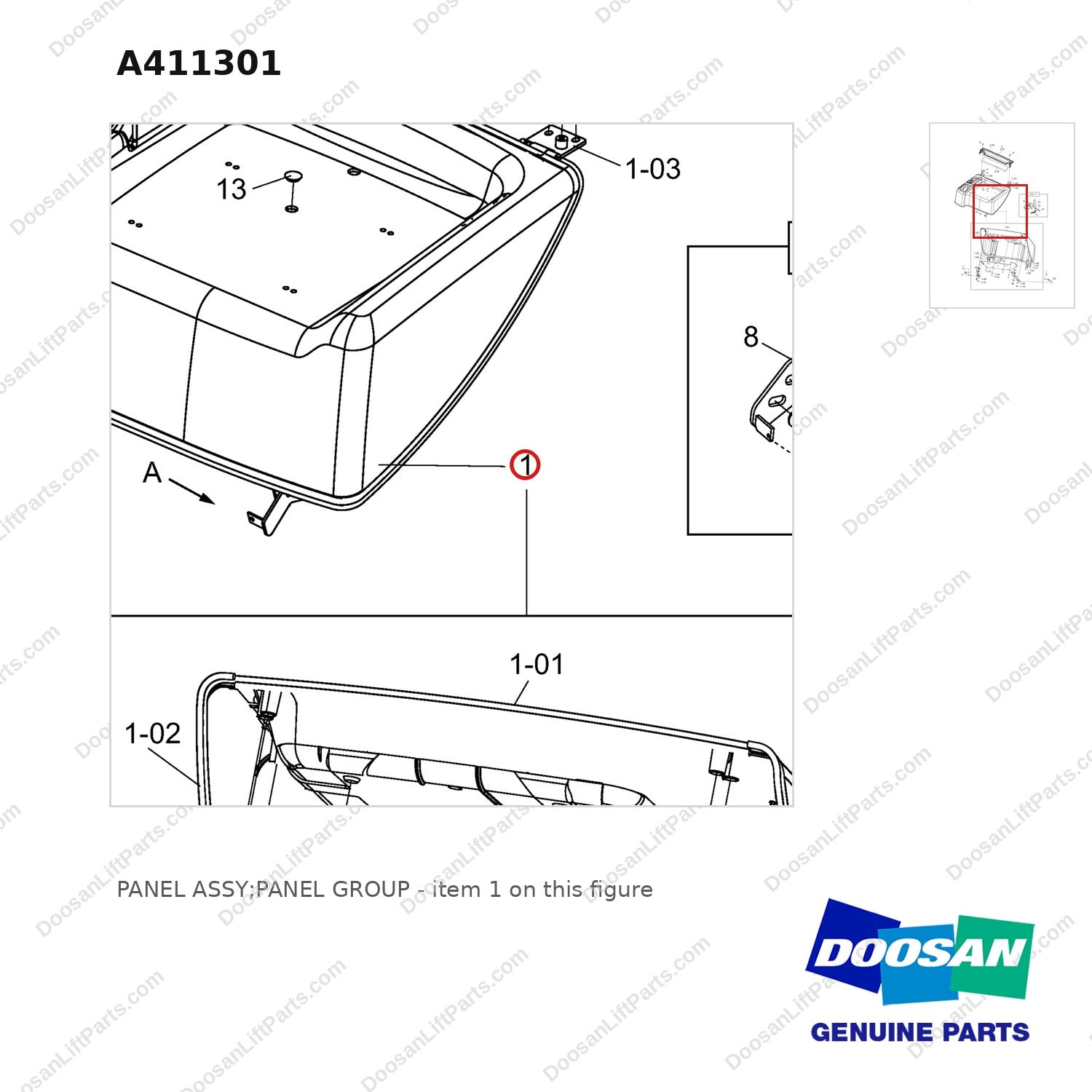 A411301 PANEL ASSY;PANEL GROUP - parts diagram, item 1 shown - genuine Doosan / Bobcat forklift part