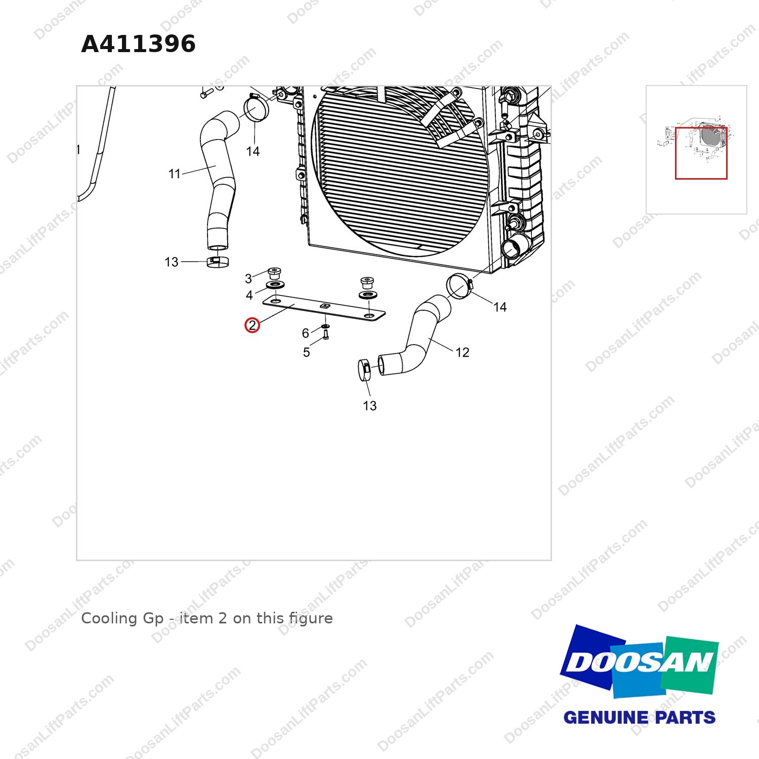 A411396 Cooling Gp - parts diagram, item 2 shown - genuine Doosan / Bobcat forklift part