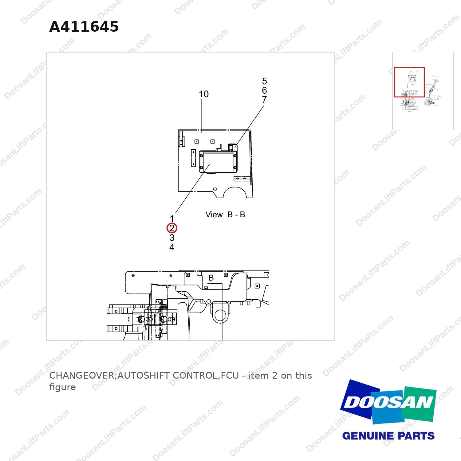 A411645 CHANGEOVER;AUTOSHIFT CONTROL,FCU - parts diagram, item 2 shown - genuine Doosan / Bobcat forklift part