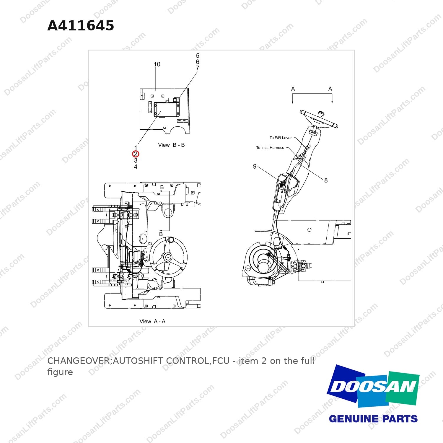 A411645 CHANGEOVER;AUTOSHIFT CONTROL,FCU - full parts diagram, item 2 marked - genuine Doosan / Bobcat forklift part