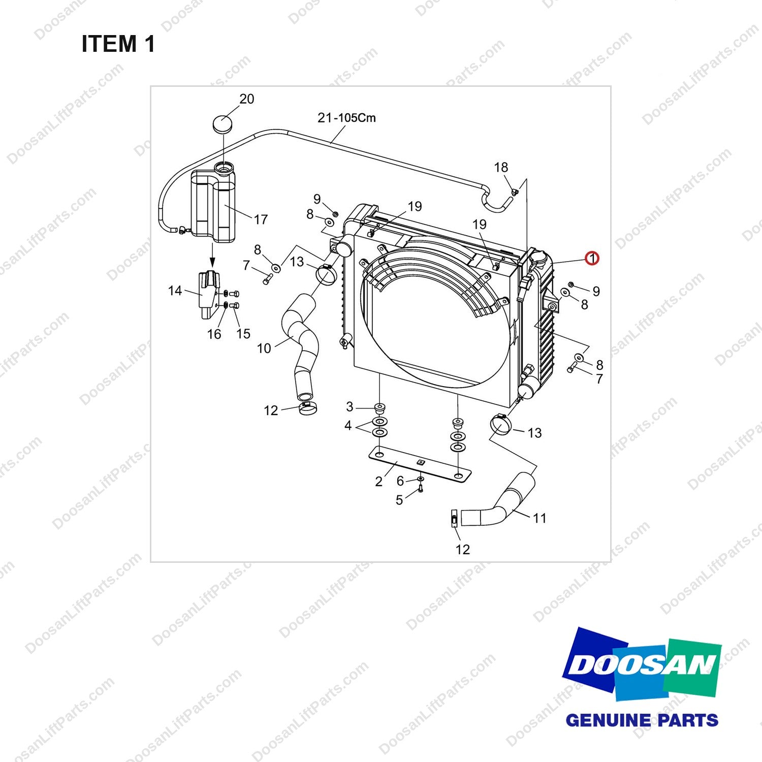 A413505 Cooling Gp - full parts diagram, item 1 marked - genuine Doosan / Bobcat forklift part