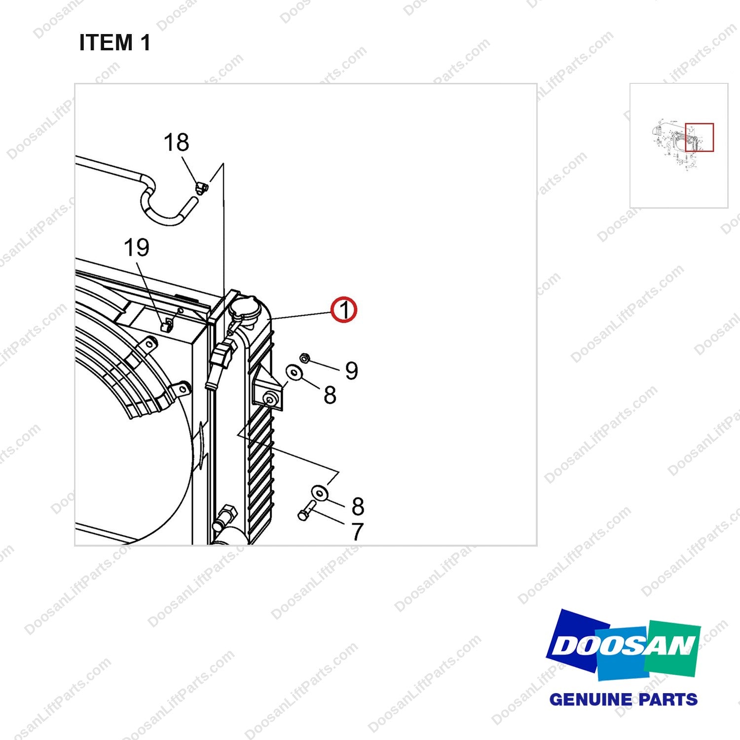 A413505 Cooling Gp - parts diagram, item 1 shown - genuine Doosan / Bobcat forklift part