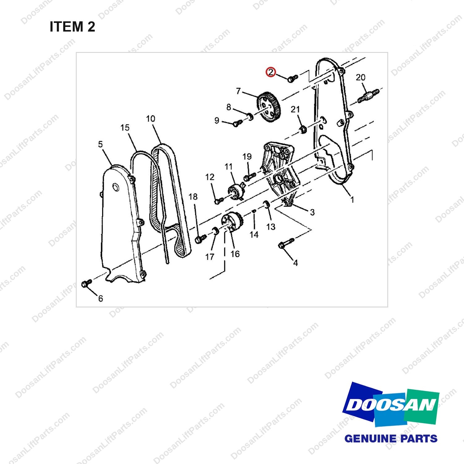 A413665 BELT,TIMING;GROUP - full parts diagram, item 2 marked - genuine Doosan / Bobcat forklift part