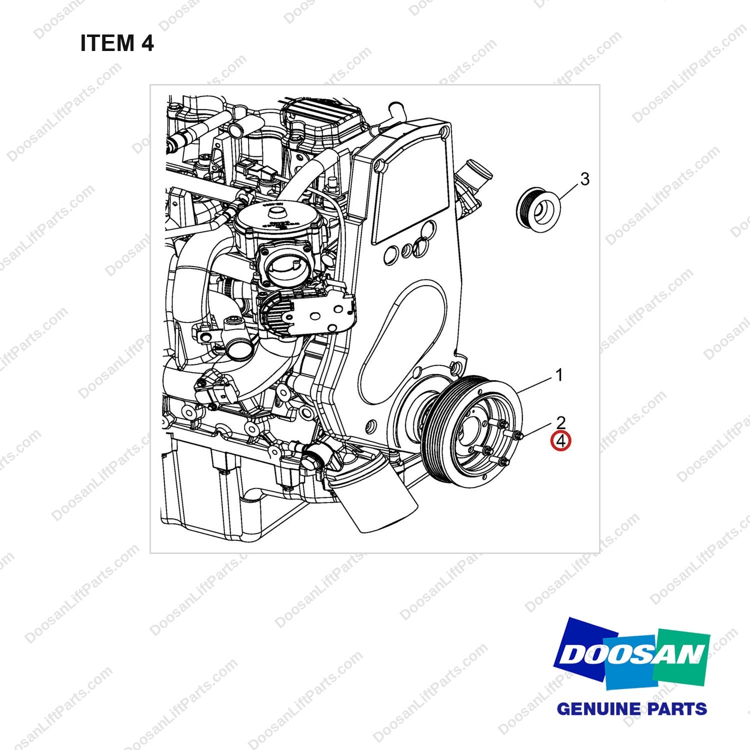 A413780 PULLEY - full parts diagram, item 4 marked - genuine Doosan / Bobcat forklift part