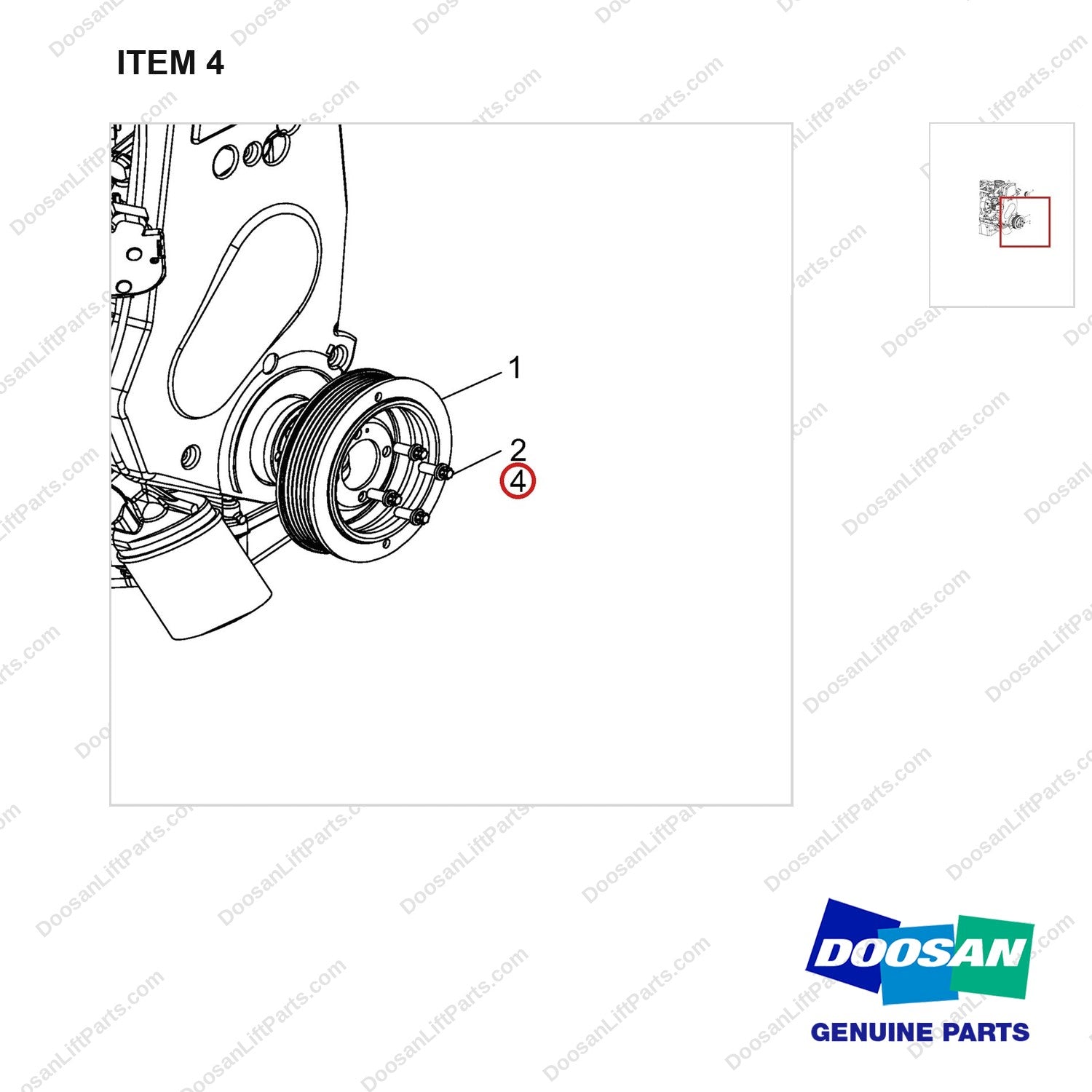 A413780 PULLEY - parts diagram, item 4 shown - genuine Doosan / Bobcat forklift part