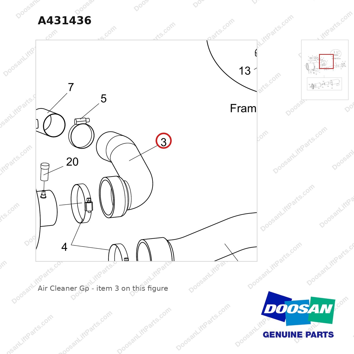 A431436 Air Cleaner Gp - parts diagram, item 3 shown - genuine Doosan / Bobcat forklift part