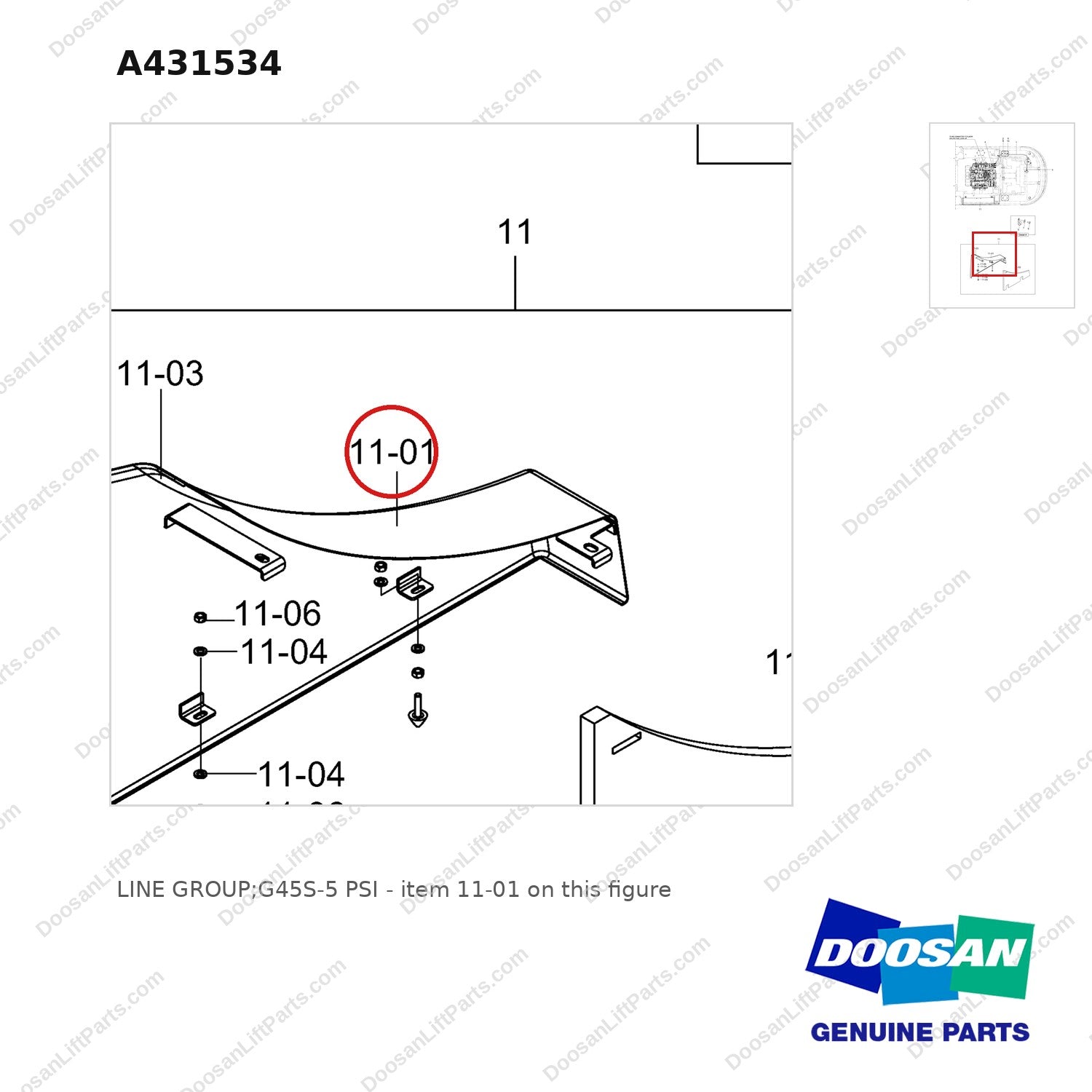 A431534 LINE GROUP;G45S-5 PSI - parts diagram, item 11-01 shown - genuine Doosan / Bobcat forklift part