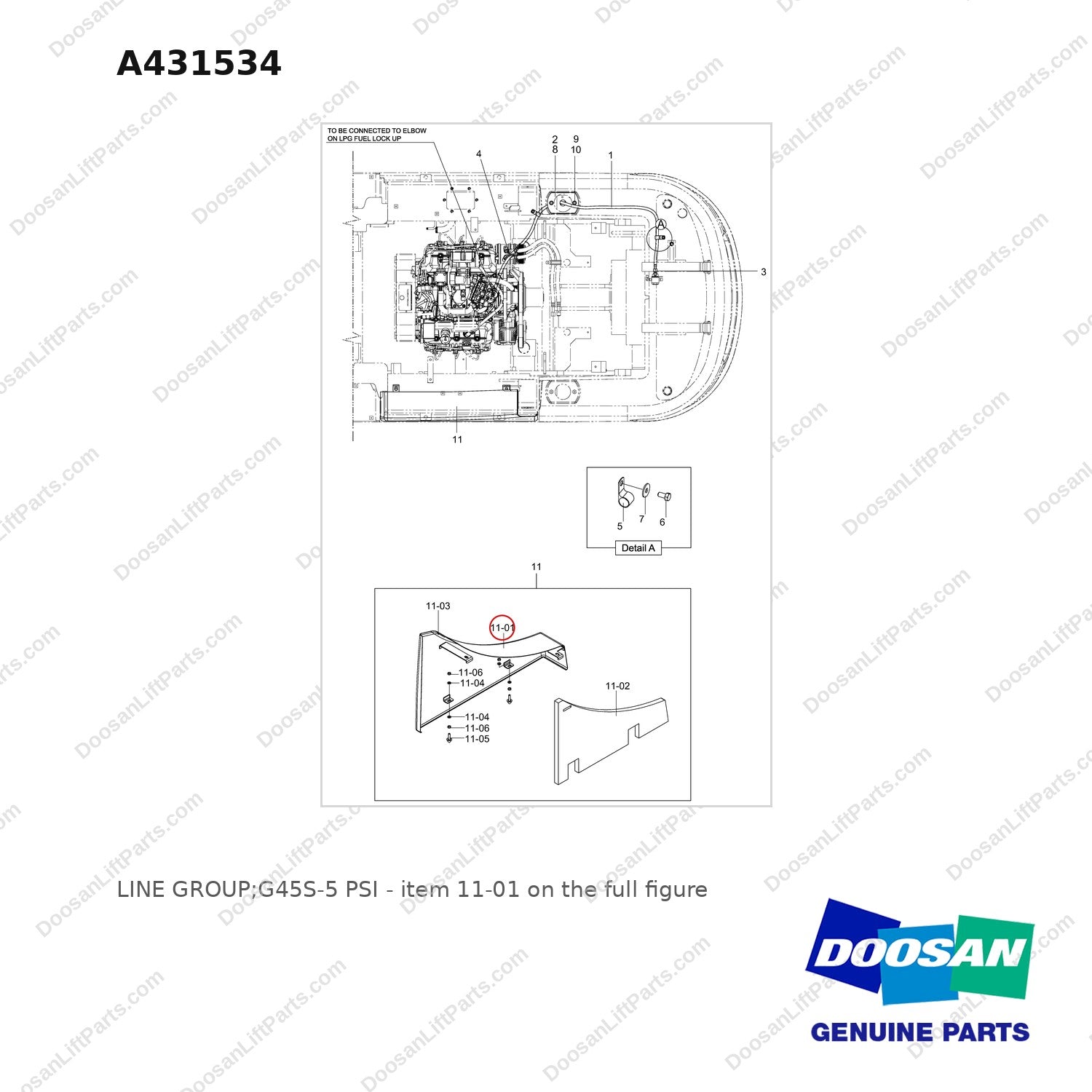 A431534 LINE GROUP;G45S-5 PSI - full parts diagram, item 11-01 marked - genuine Doosan / Bobcat forklift part