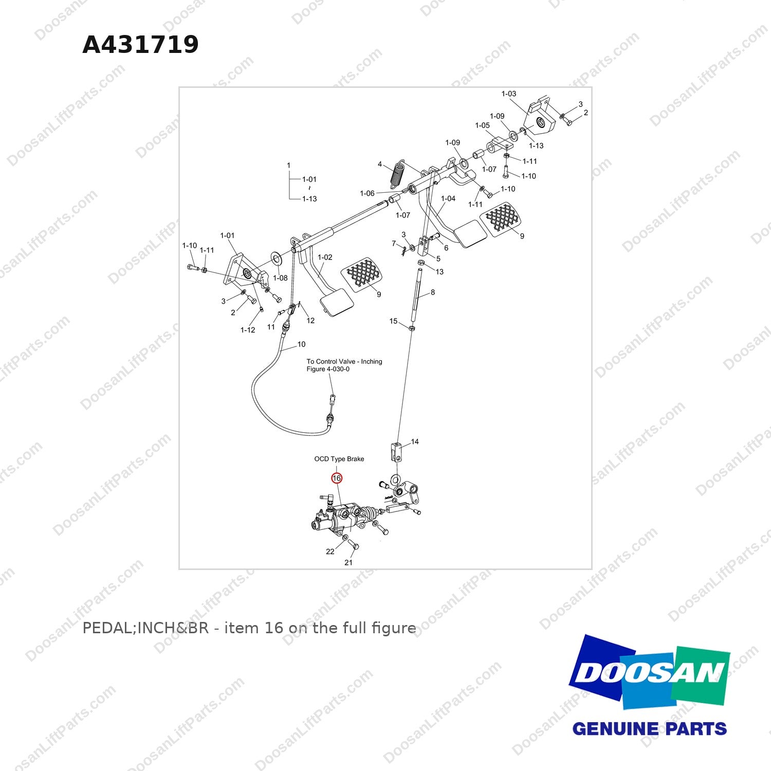 A431719 PEDAL;INCH&BR - full parts diagram, item 16 marked - genuine Doosan / Bobcat forklift part