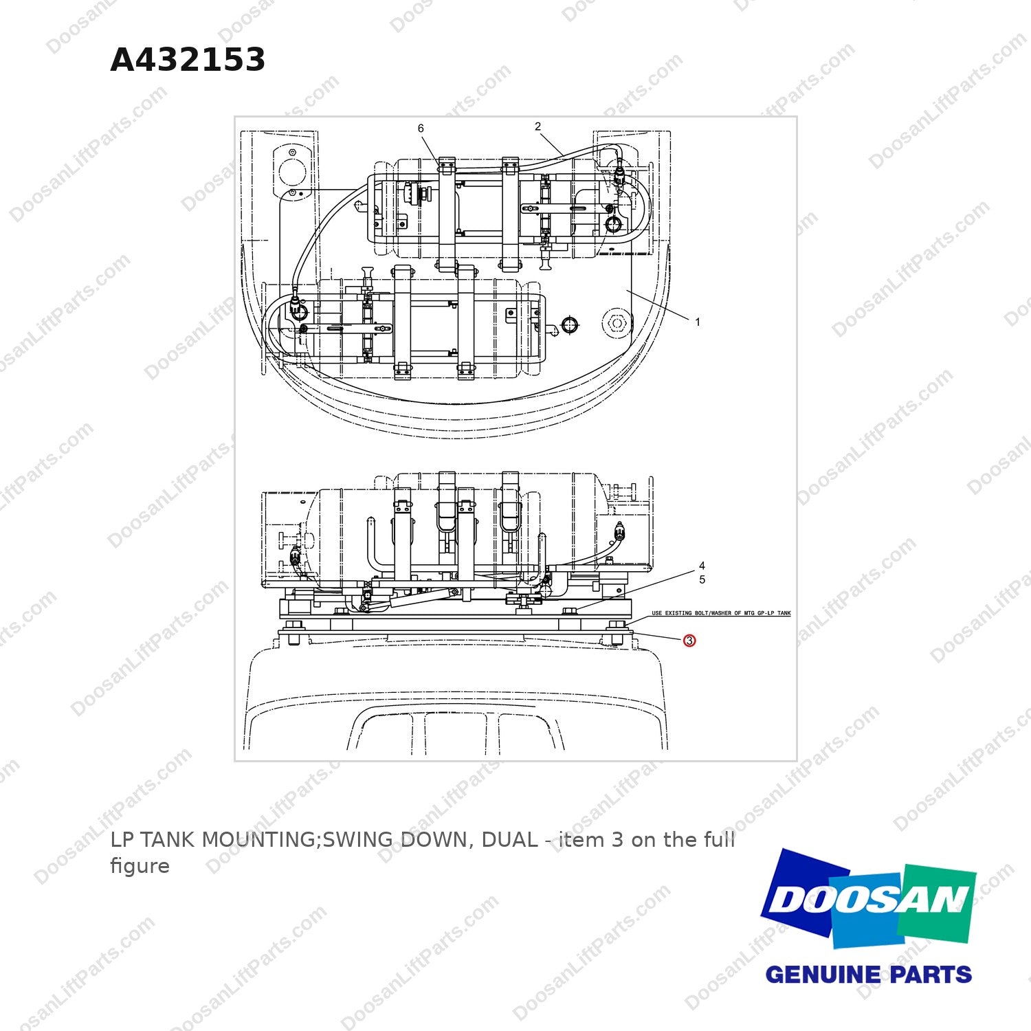 A432153 LP TANK MOUNTING;SWING DOWN, DUAL - full parts diagram, item 3 marked - genuine Doosan / Bobcat forklift part