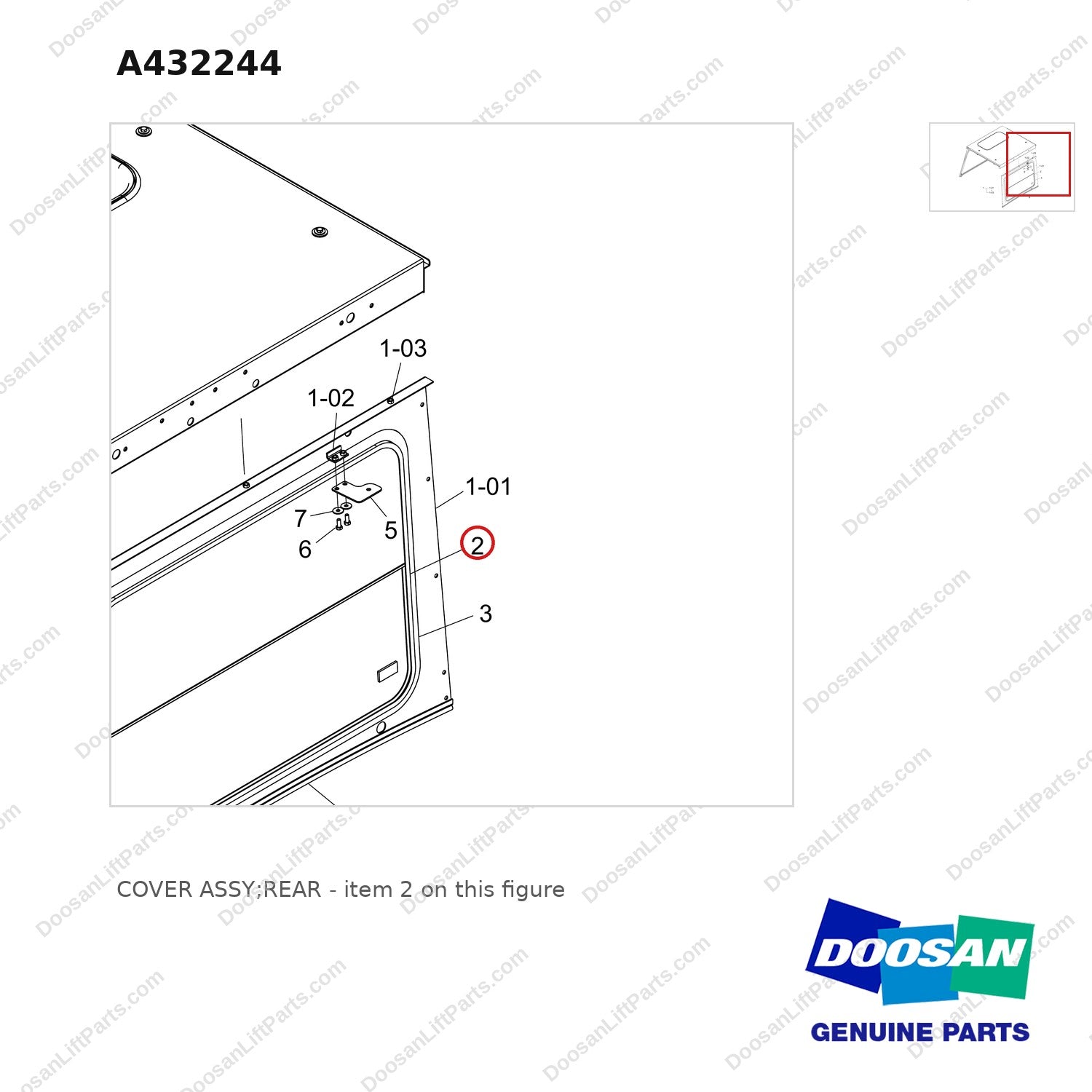 A432244 COVER ASSY;REAR - parts diagram, item 2 shown - genuine Doosan / Bobcat forklift part