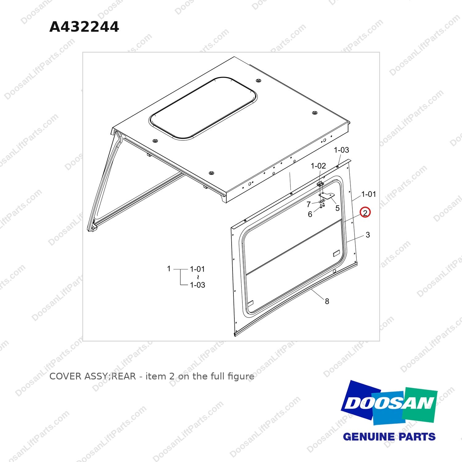 A432244 COVER ASSY;REAR - full parts diagram, item 2 marked - genuine Doosan / Bobcat forklift part