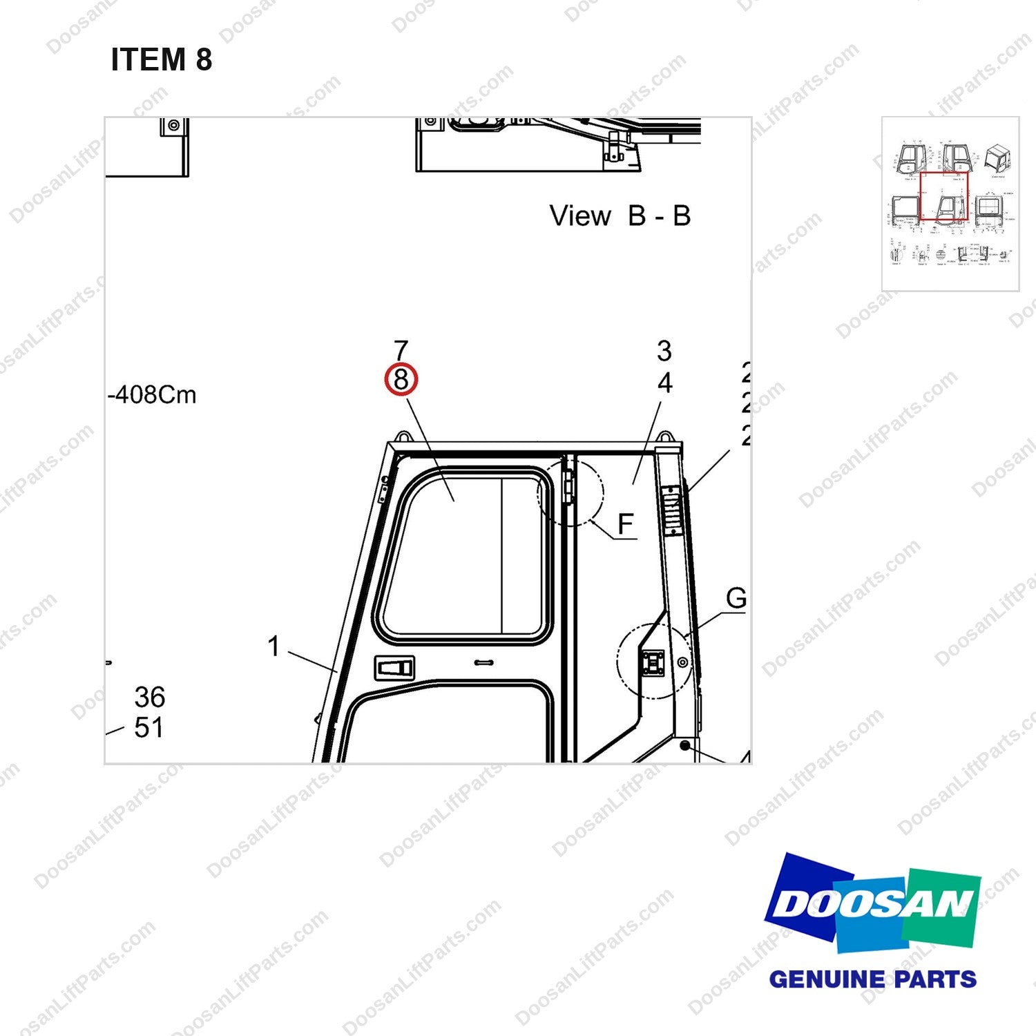 A432307 Full Cabin Ass'y - parts diagram, item 8 shown - genuine Doosan / Bobcat forklift part