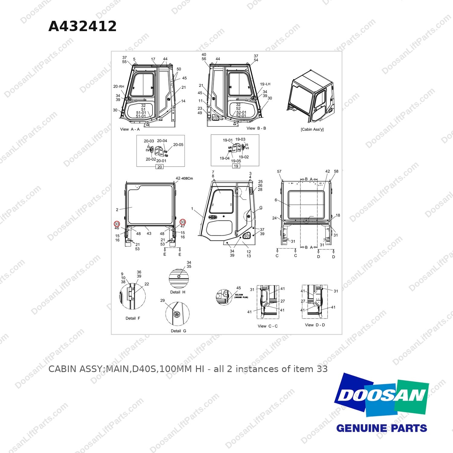 A432412 CABIN ASSY;MAIN,D40S,100MM HI - full parts diagram, item 33 marked - genuine Doosan / Bobcat forklift part