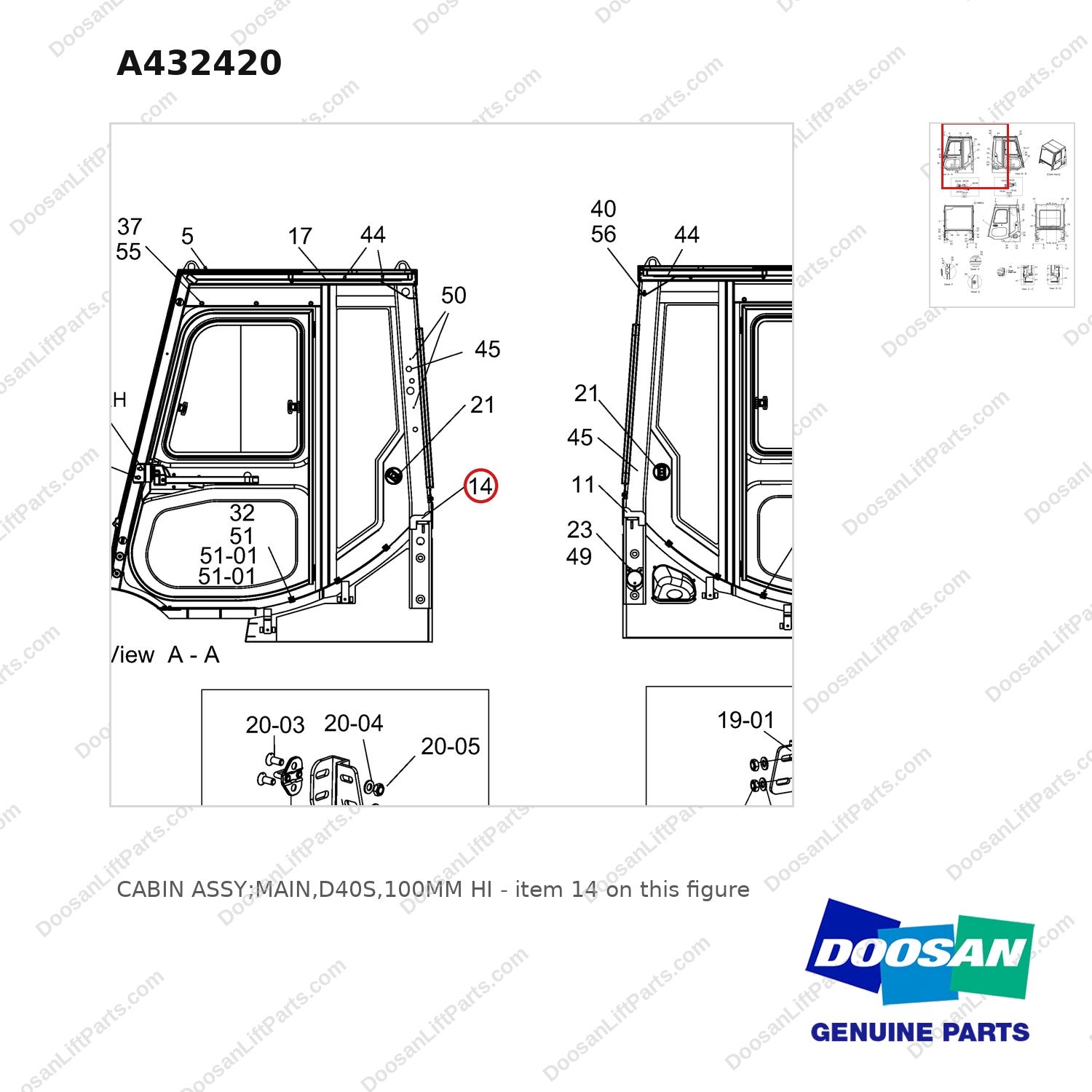 A432420 CABIN ASSY;MAIN,D40S,100MM HI - parts diagram, item 14 shown - genuine Doosan / Bobcat forklift part