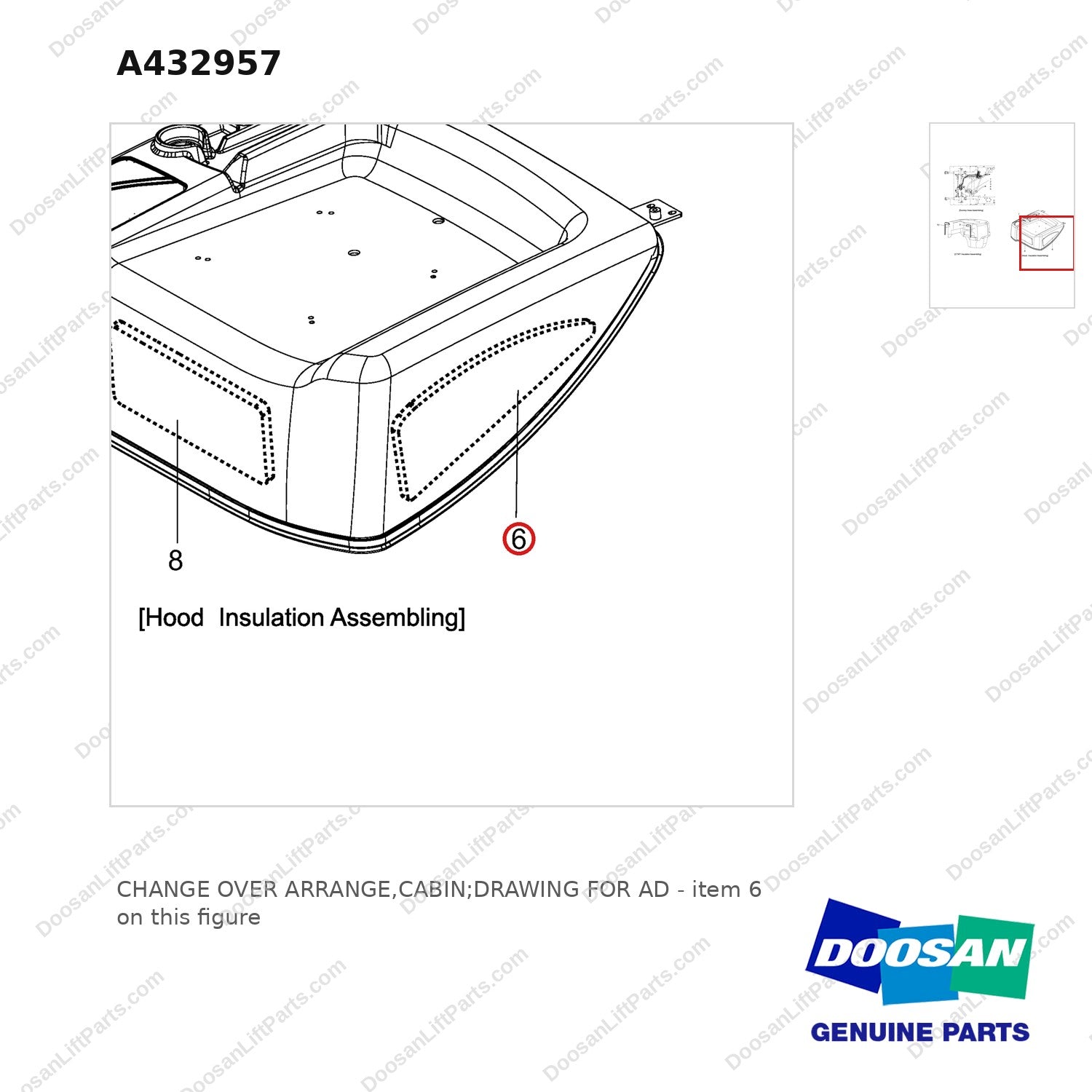 A432957 CHANGE OVER ARRANGE,CABIN;DRAWING FOR AD - parts diagram, item 6 shown - genuine Doosan / Bobcat forklift part
