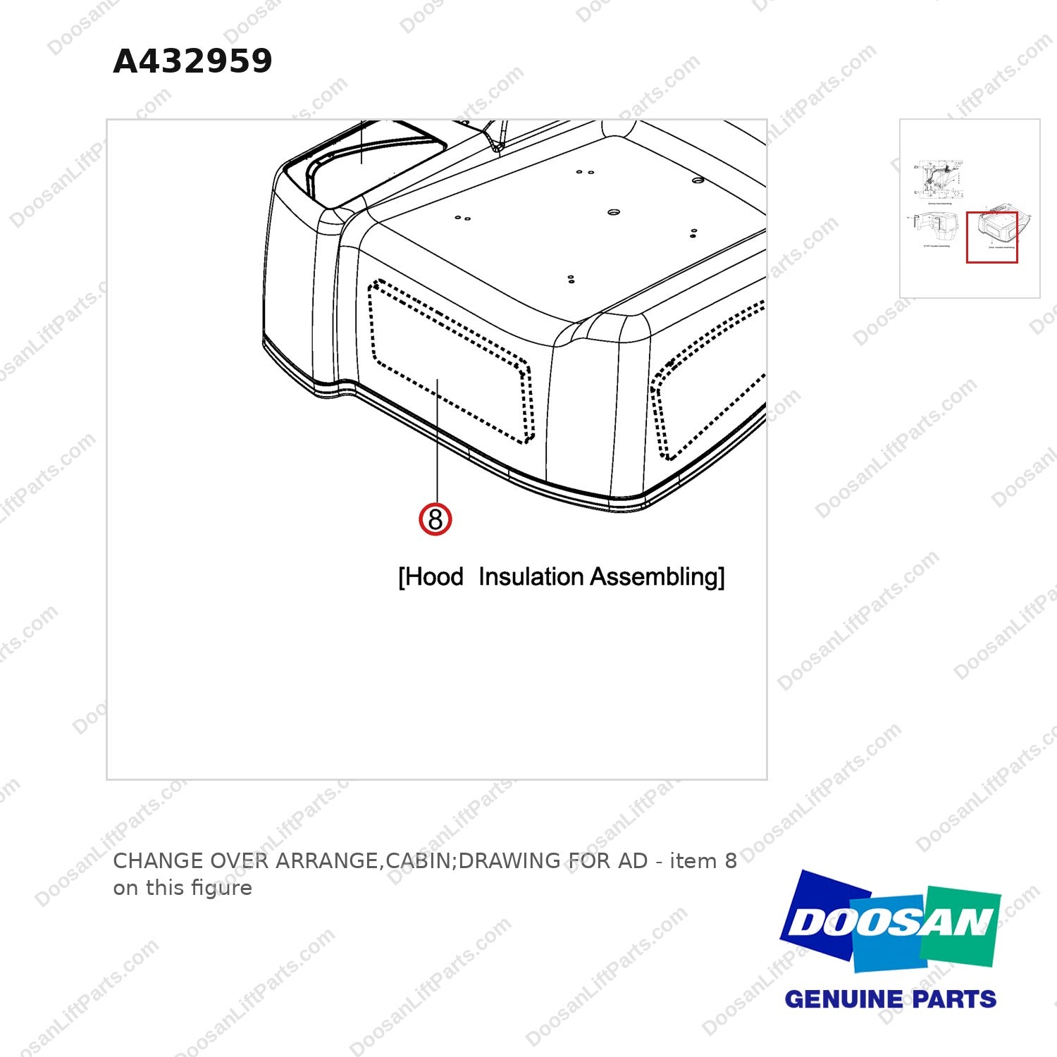 A432959 CHANGE OVER ARRANGE,CABIN;DRAWING FOR AD - parts diagram, item 8 shown - genuine Doosan / Bobcat forklift part