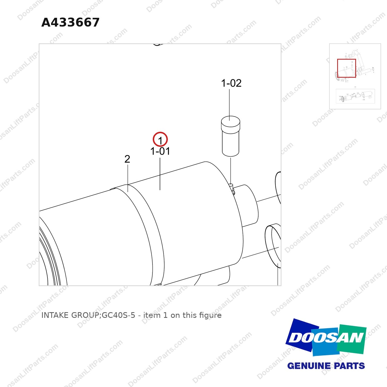 A433667 INTAKE GROUP;GC40S-5 - parts diagram, item 1 shown - genuine Doosan / Bobcat forklift part