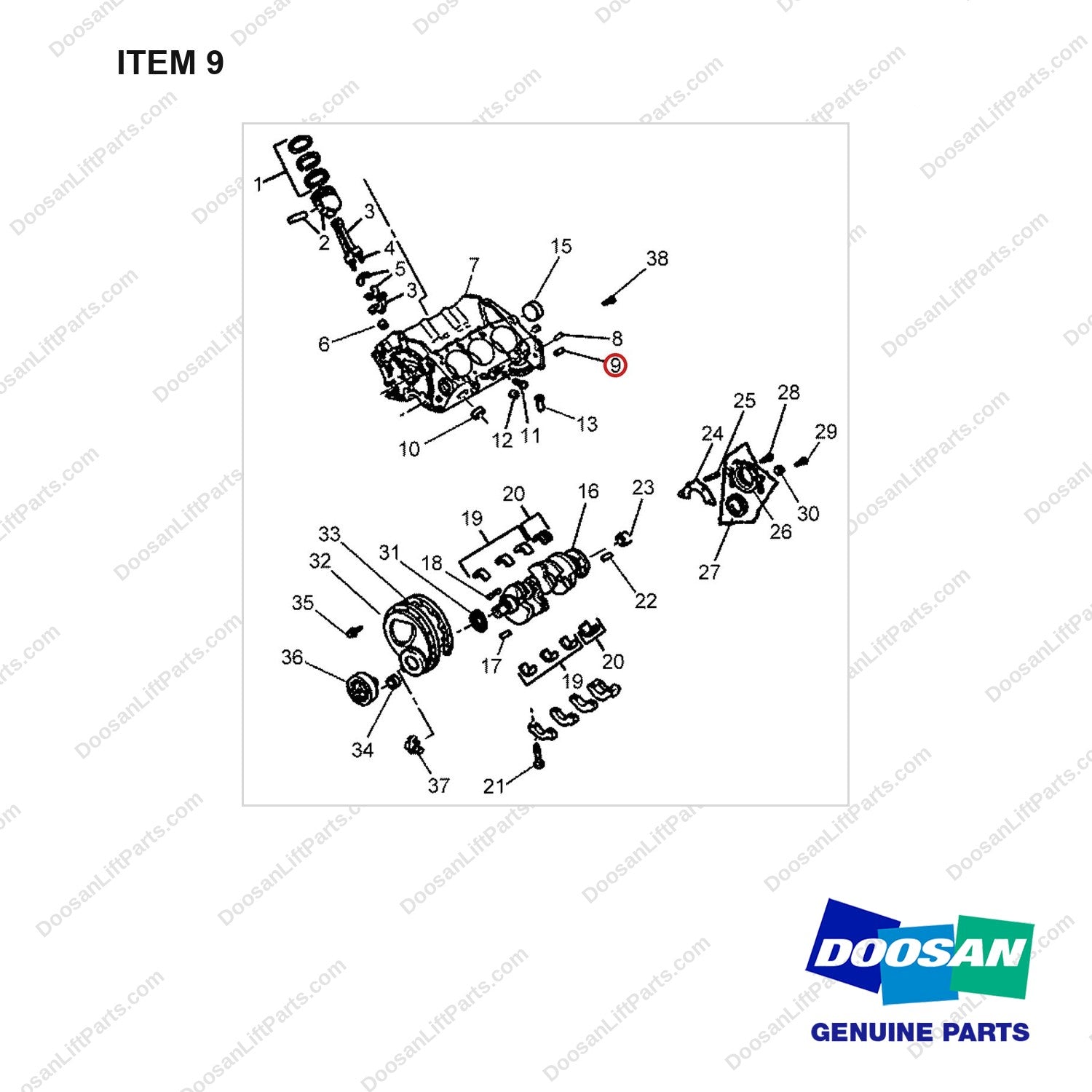 A433683 Cylinder Block Gp - full parts diagram, item 9 marked - genuine Doosan / Bobcat forklift part