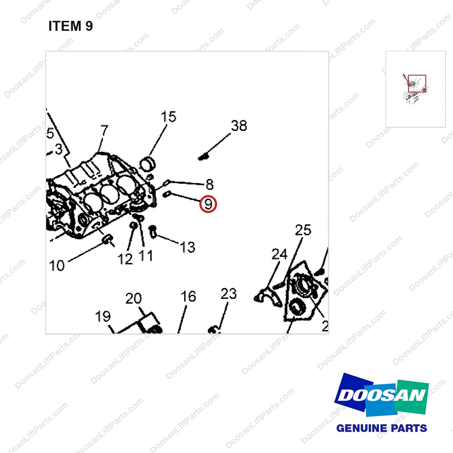 A433683 Cylinder Block Gp - parts diagram, item 9 shown - genuine Doosan / Bobcat forklift part