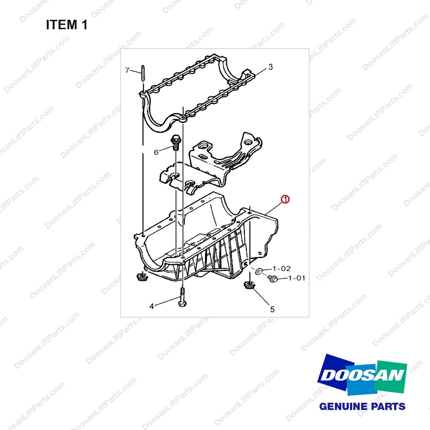 A433698 Oil Pan Gp - full parts diagram, item 1 marked - genuine Doosan / Bobcat forklift part