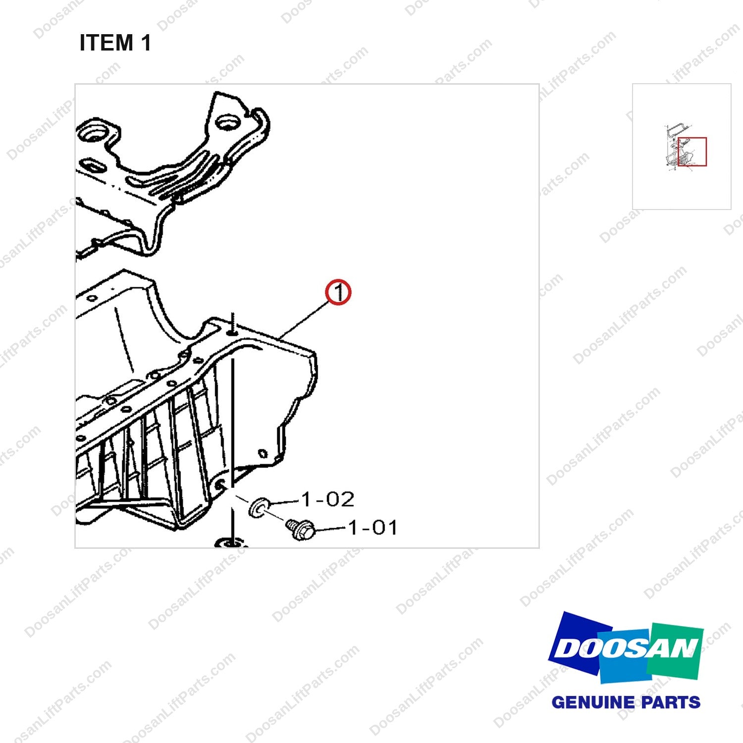 A433698 Oil Pan Gp - parts diagram, item 1 shown - genuine Doosan / Bobcat forklift part