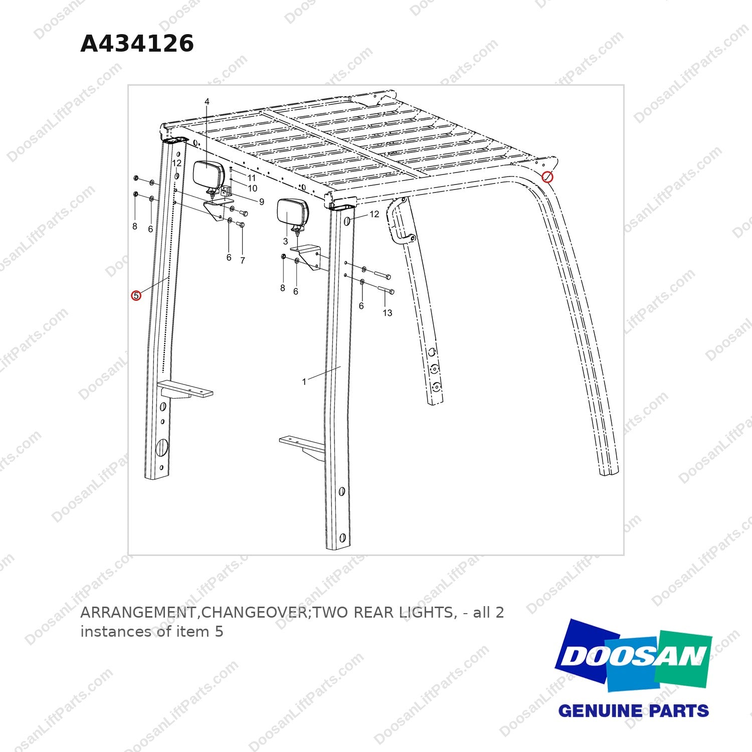 A434126 ARRANGEMENT,CHANGEOVER;TWO REAR LIGHTS, - full parts diagram, item 5 marked - genuine Doosan / Bobcat forklift part