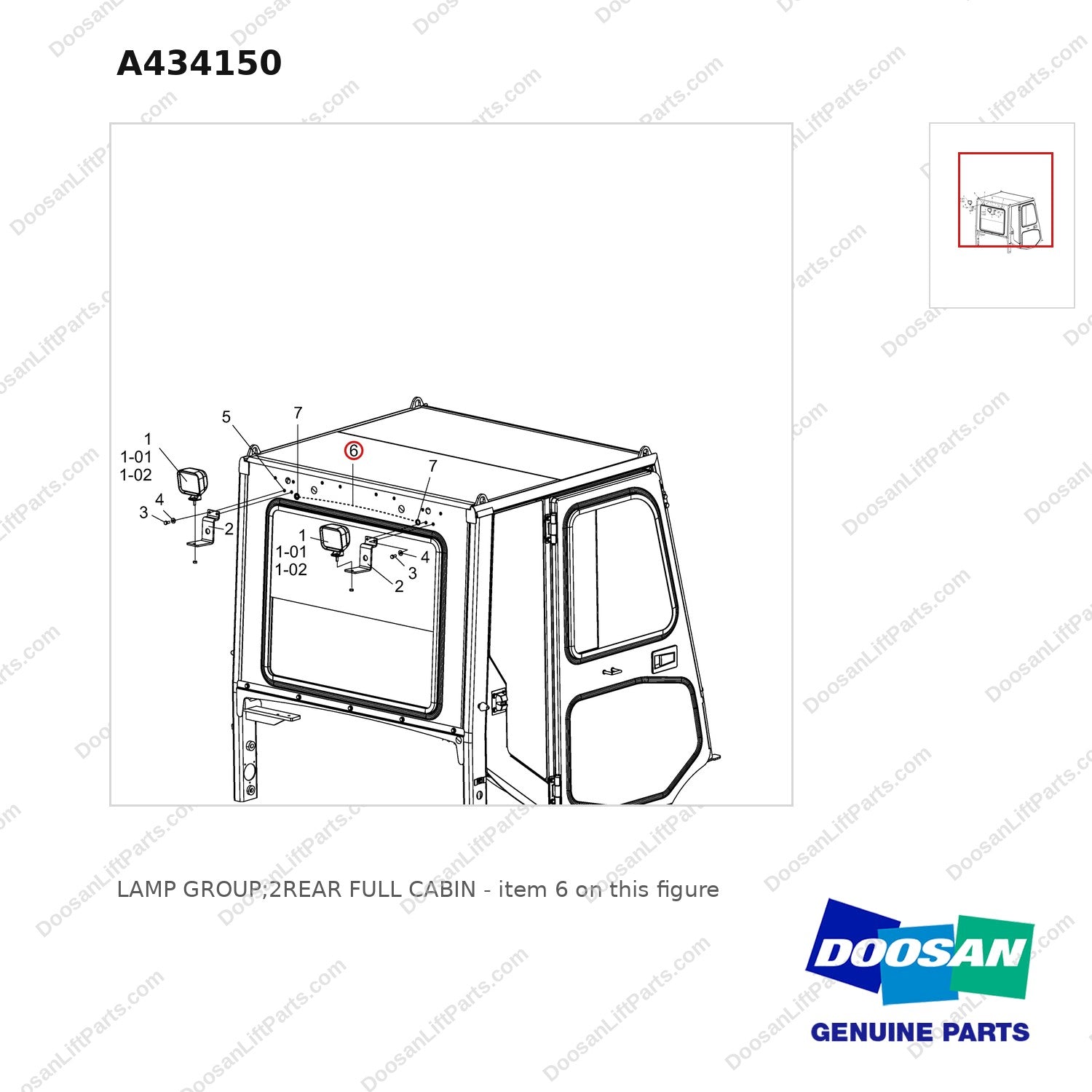 A434150 LAMP GROUP;2REAR FULL CABIN - parts diagram, item 6 shown - genuine Doosan / Bobcat forklift part
