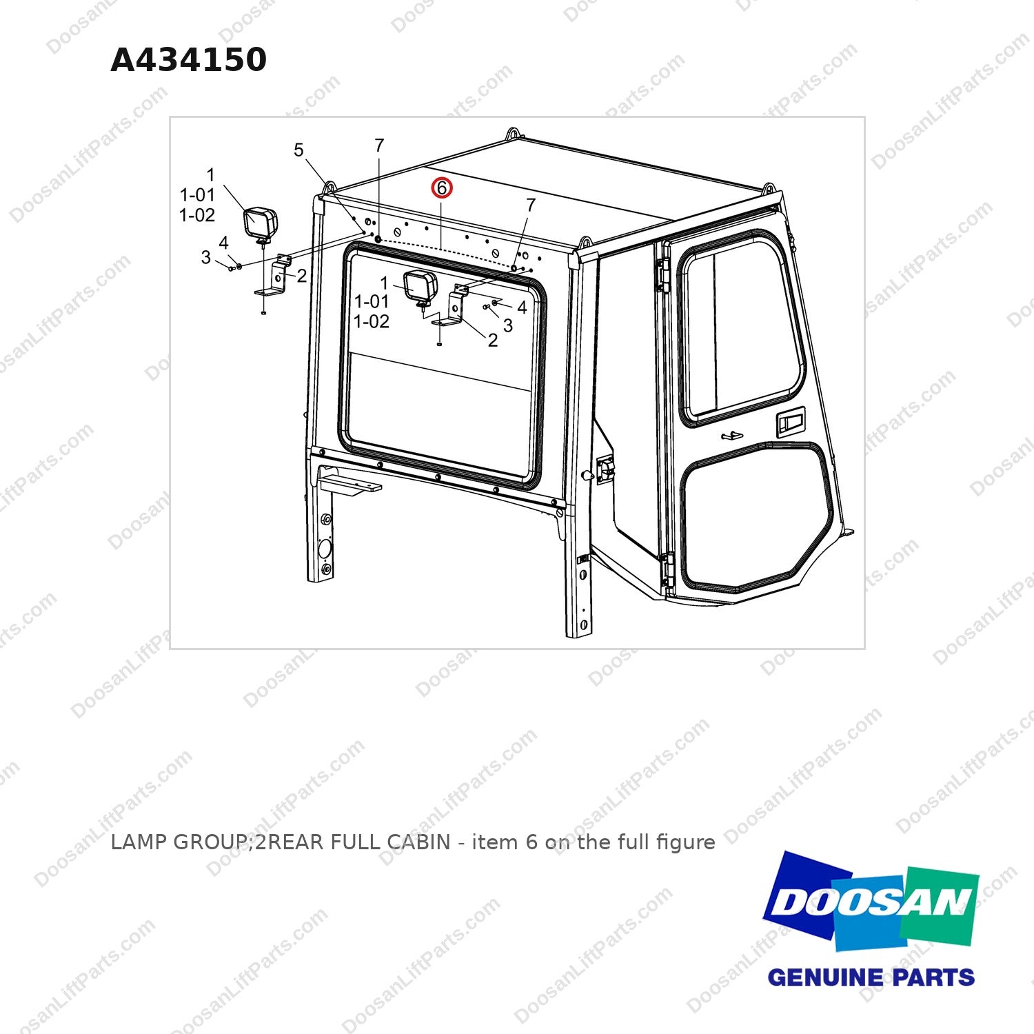 A434150 LAMP GROUP;2REAR FULL CABIN - full parts diagram, item 6 marked - genuine Doosan / Bobcat forklift part