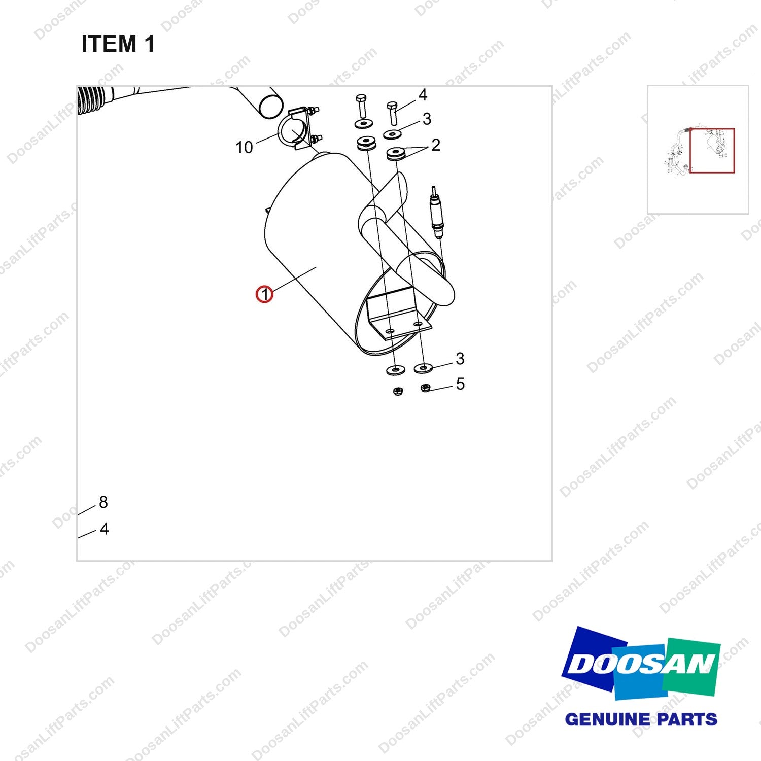 A443503 Muffler Gp - parts diagram, item 1 shown - genuine Doosan / Bobcat forklift part