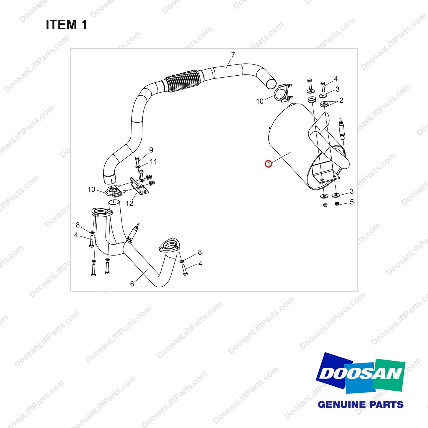 A443503 Muffler Gp - full parts diagram, item 1 marked - genuine Doosan / Bobcat forklift part