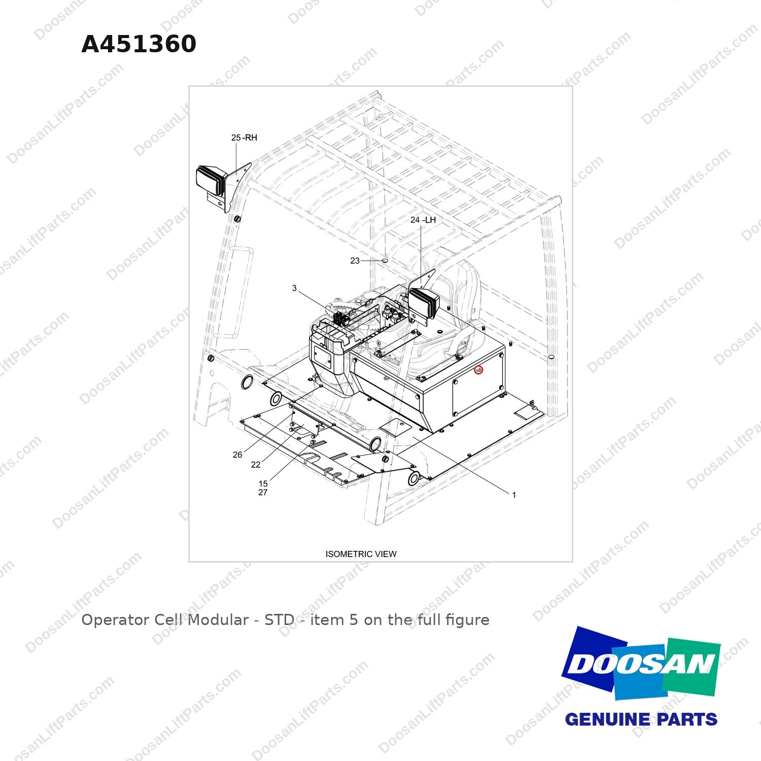A451360 Operator Cell Modular - STD - full parts diagram, item 5 marked - genuine Doosan / Bobcat forklift part
