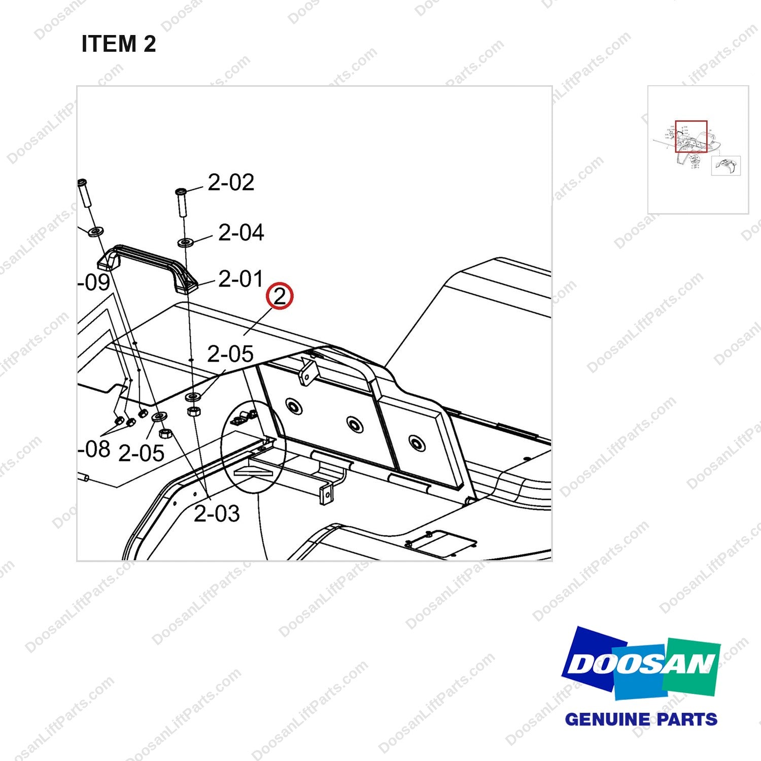 A451688 Hood Ass'y - parts diagram, item 2 shown - genuine Doosan / Bobcat forklift part