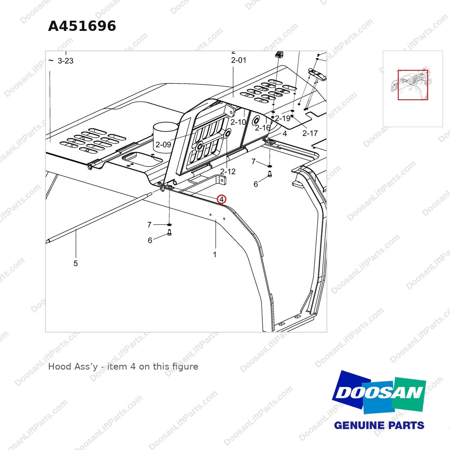 A451696 Hood Ass'y - parts diagram, item 4 shown - genuine Doosan / Bobcat forklift part