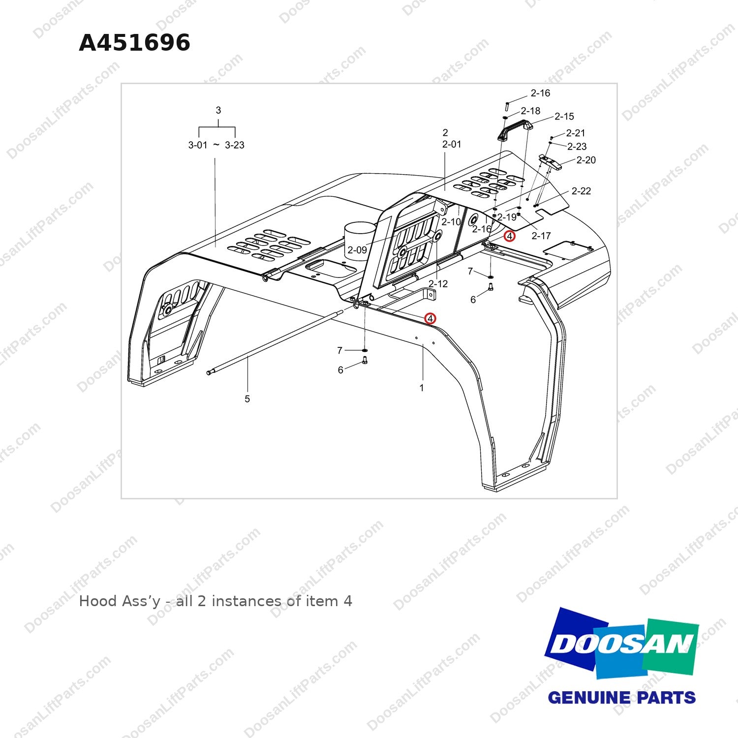 A451696 Hood Ass'y - full parts diagram, item 4 marked - genuine Doosan / Bobcat forklift part