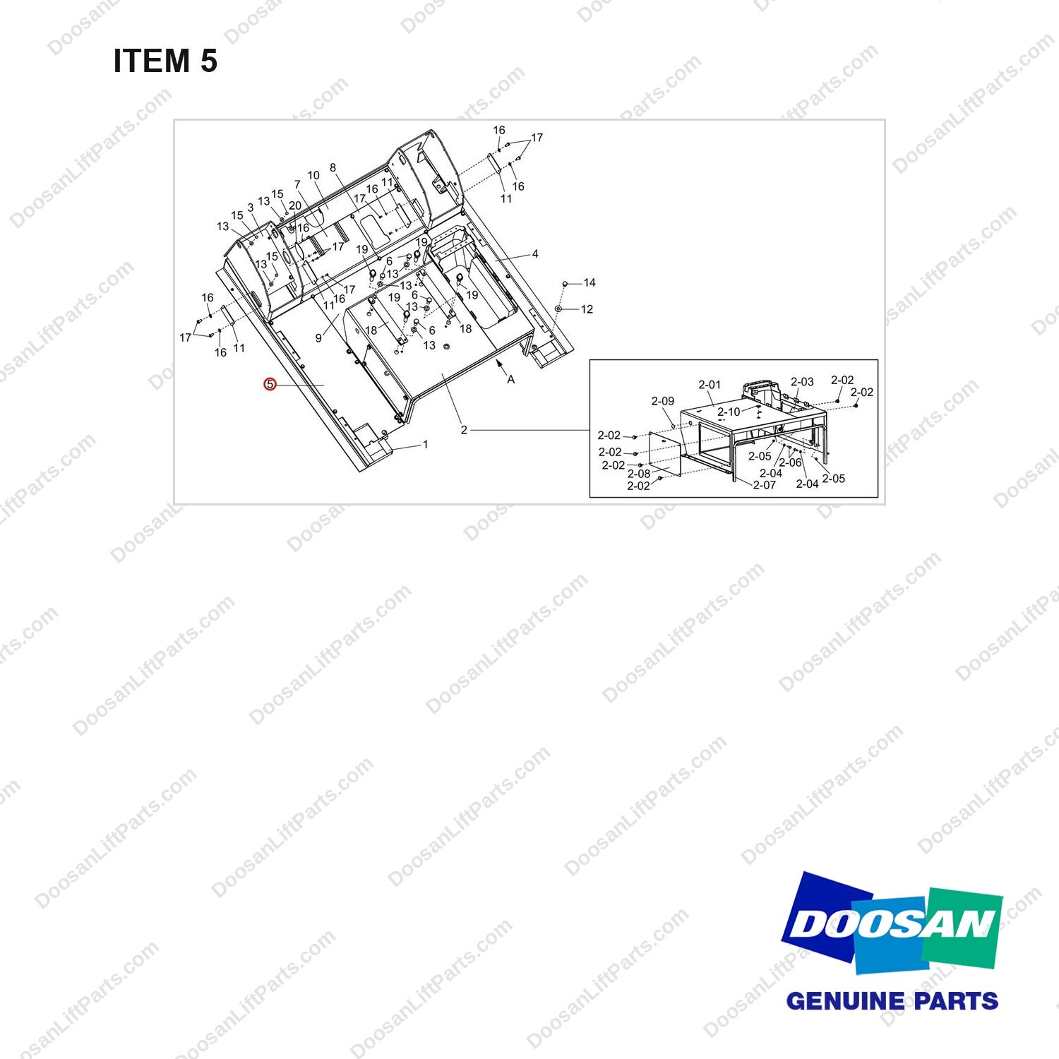 A452066 Floor Plate Gp-STD-Part 1 of 2 - full parts diagram, item 5 marked - genuine Doosan / Bobcat forklift part