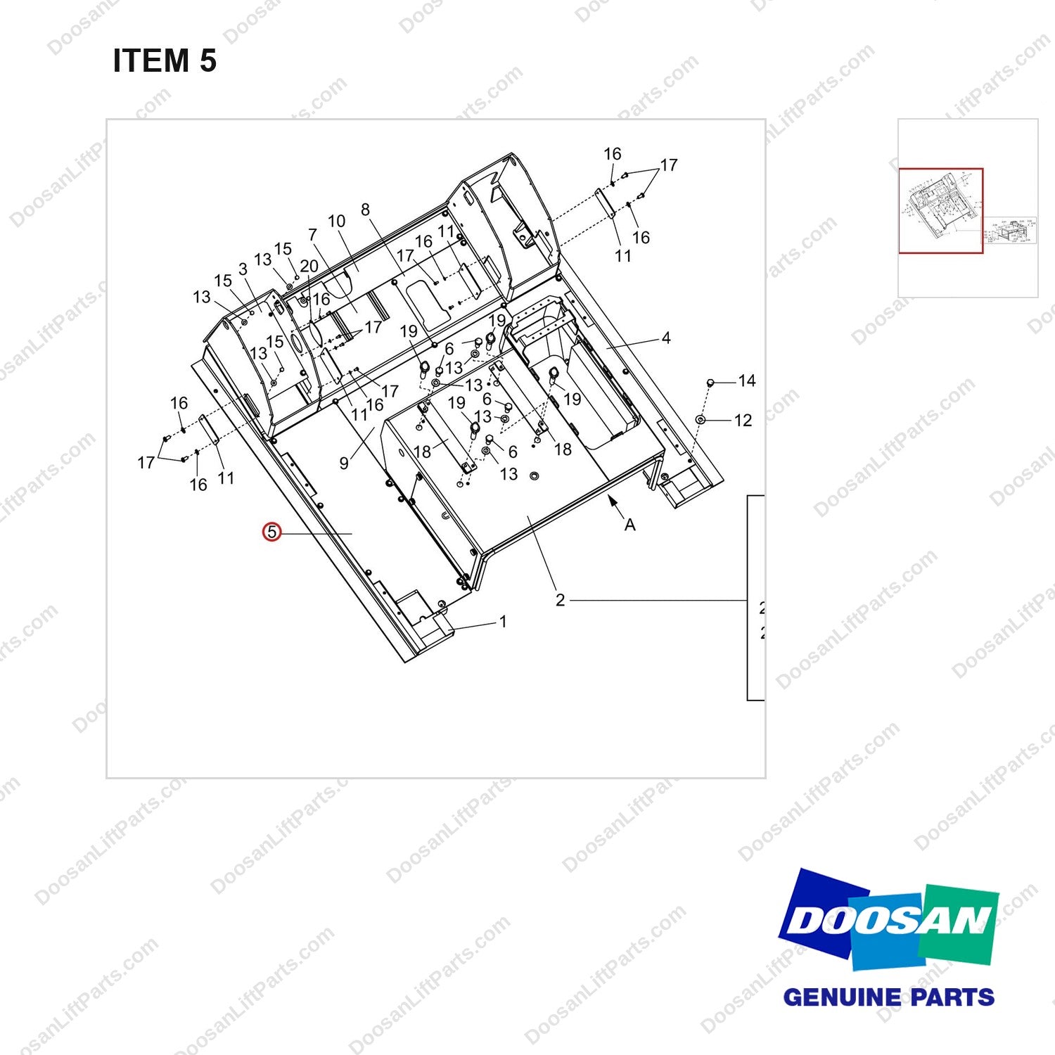 A452066 Floor Plate Gp-STD-Part 1 of 2 - parts diagram, item 5 shown - genuine Doosan / Bobcat forklift part