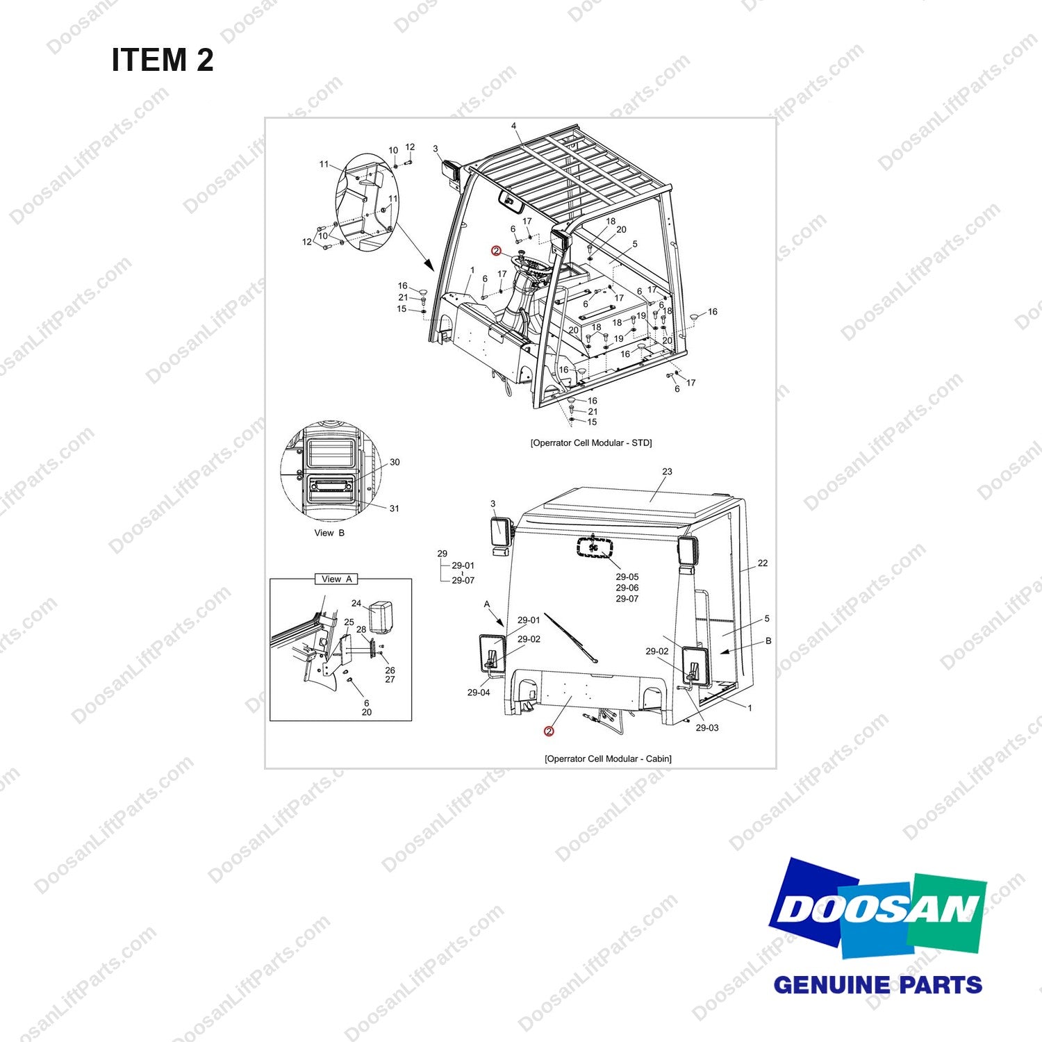 A452354 Operator Cell Modular - STD - full parts diagram, item 2 marked - genuine Doosan / Bobcat forklift part