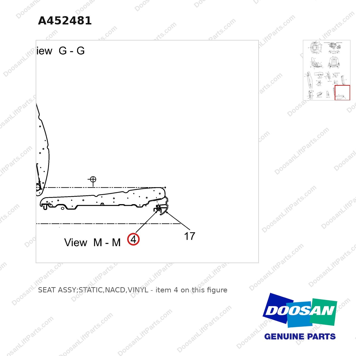A452481 SEAT ASSY;STATIC,NACD,VINYL - parts diagram, item 4 shown - genuine Doosan / Bobcat forklift part