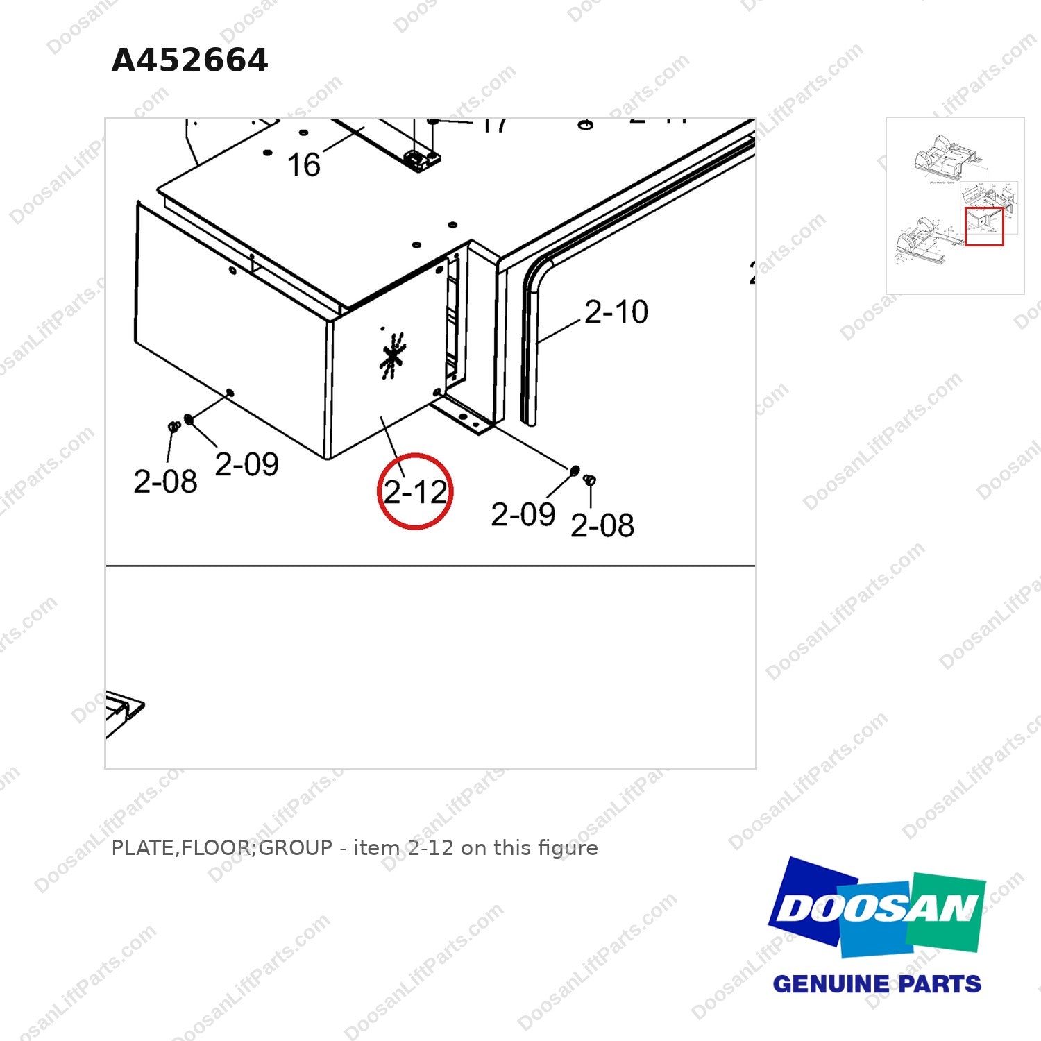 A452664 PLATE,FLOOR;GROUP - parts diagram, item 2-12 shown - genuine Doosan / Bobcat forklift part