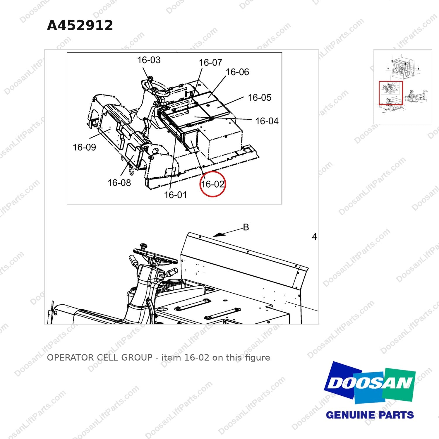 A452912 OPERATOR CELL GROUP - parts diagram, item 16-02 shown - genuine Doosan / Bobcat forklift part