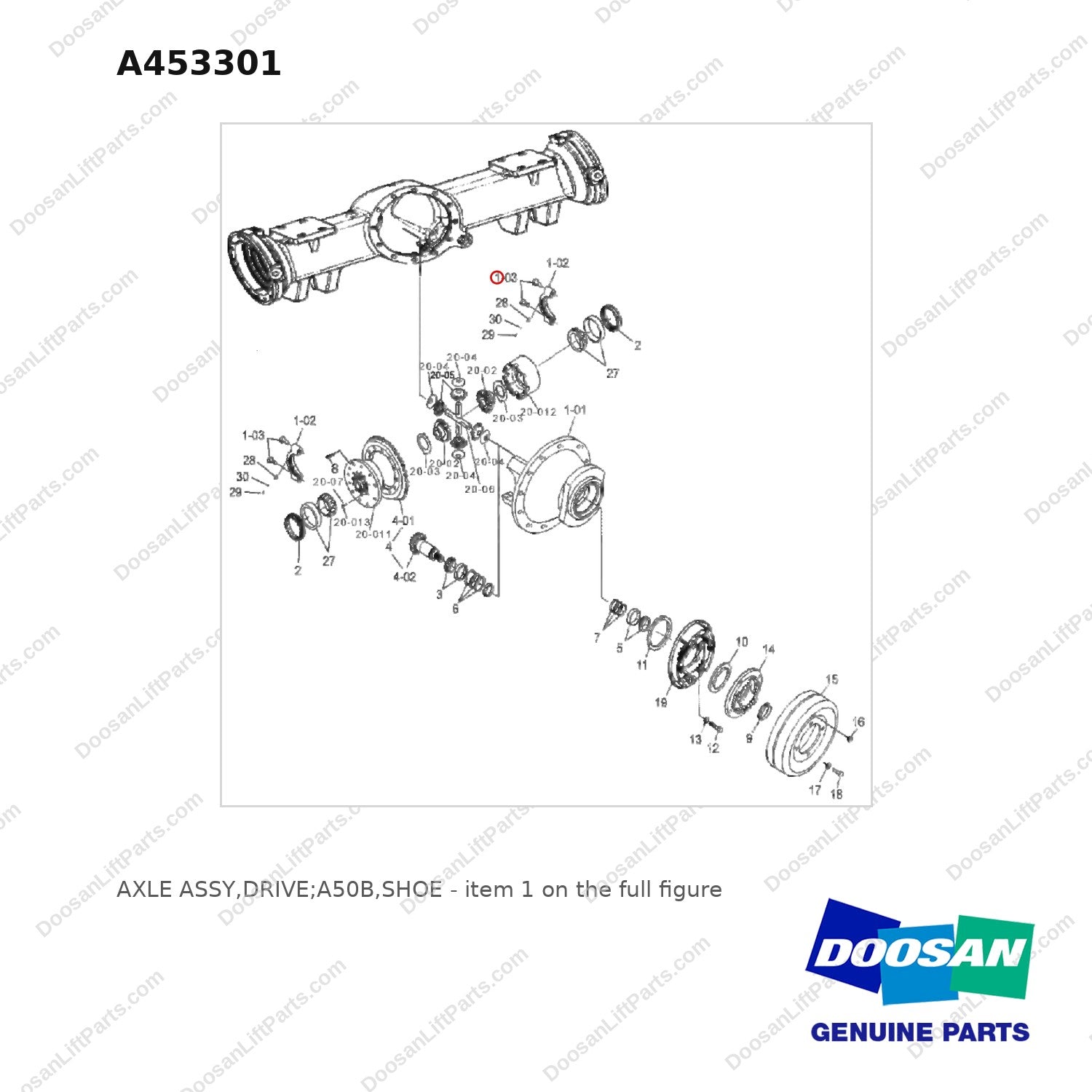 A453301 AXLE ASSY,DRIVE;A50B,SHOE - full parts diagram, item 1 marked - genuine Doosan / Bobcat forklift part