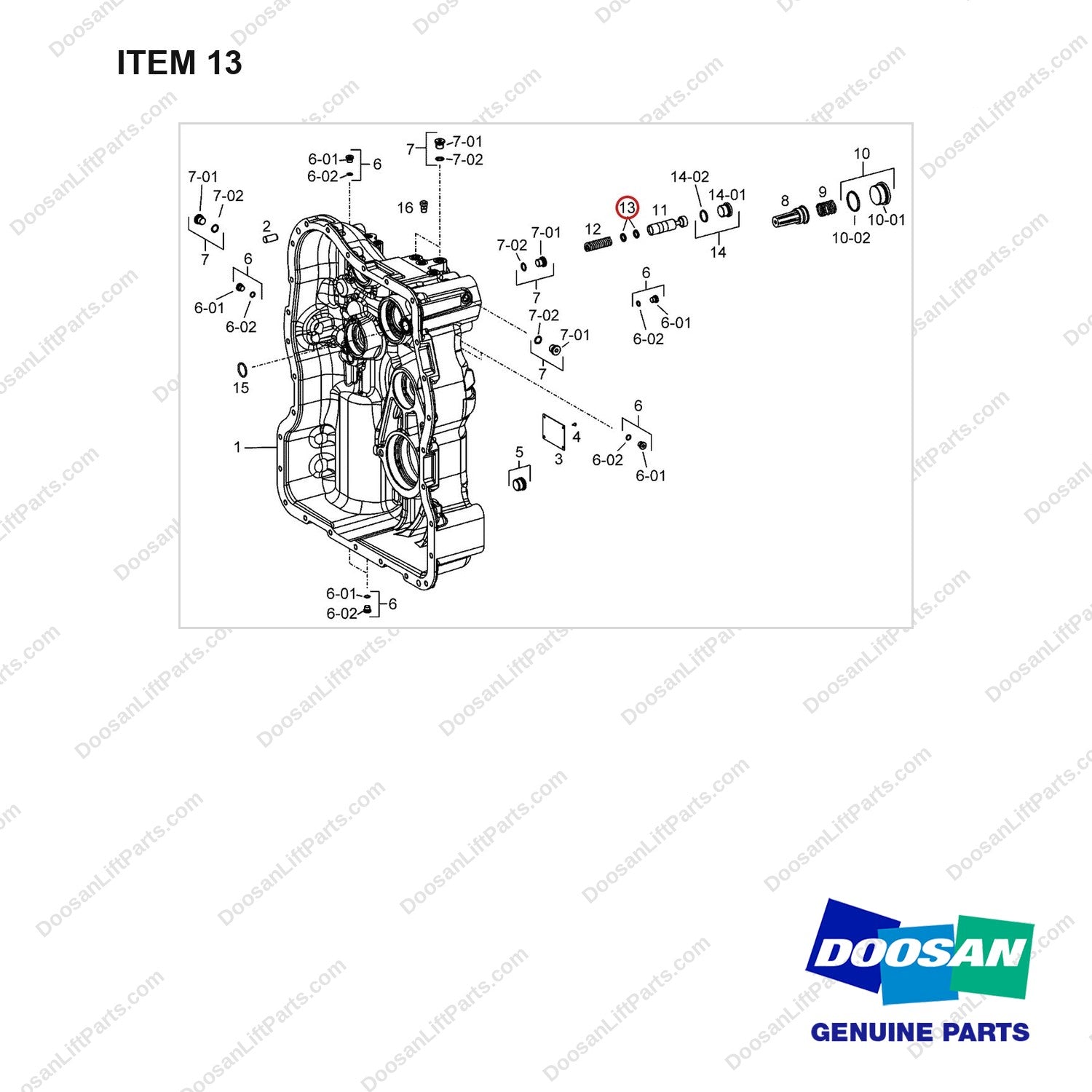 A453419 Gear Box Housing Gp - full parts diagram, item 13 marked - genuine Doosan / Bobcat forklift part